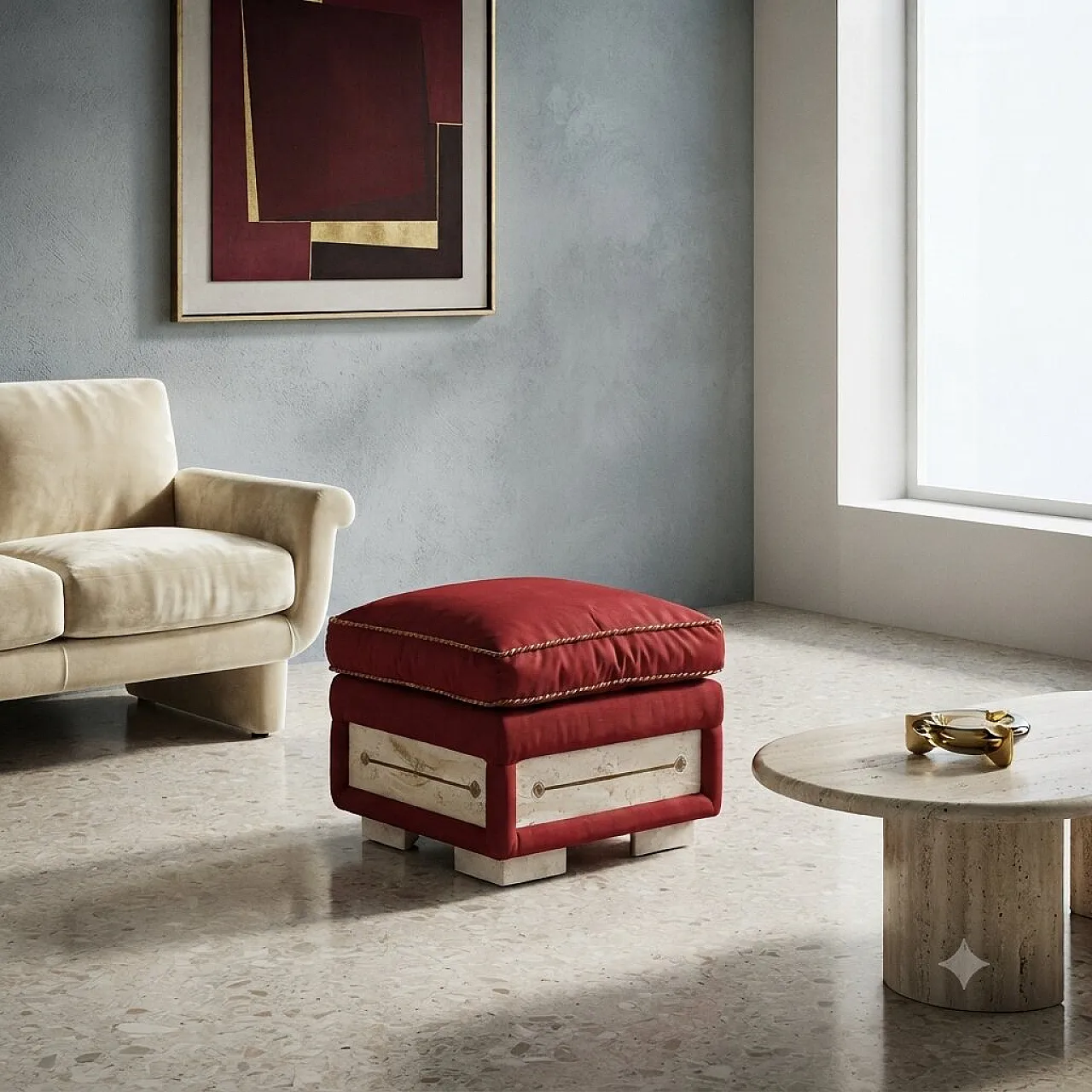 Pouf with cushion in fabric and inserts in faux marble, 20th century 2