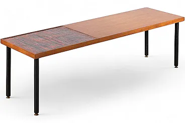 Oak veneered coffee table with enamelled copper plaquette, 1950s