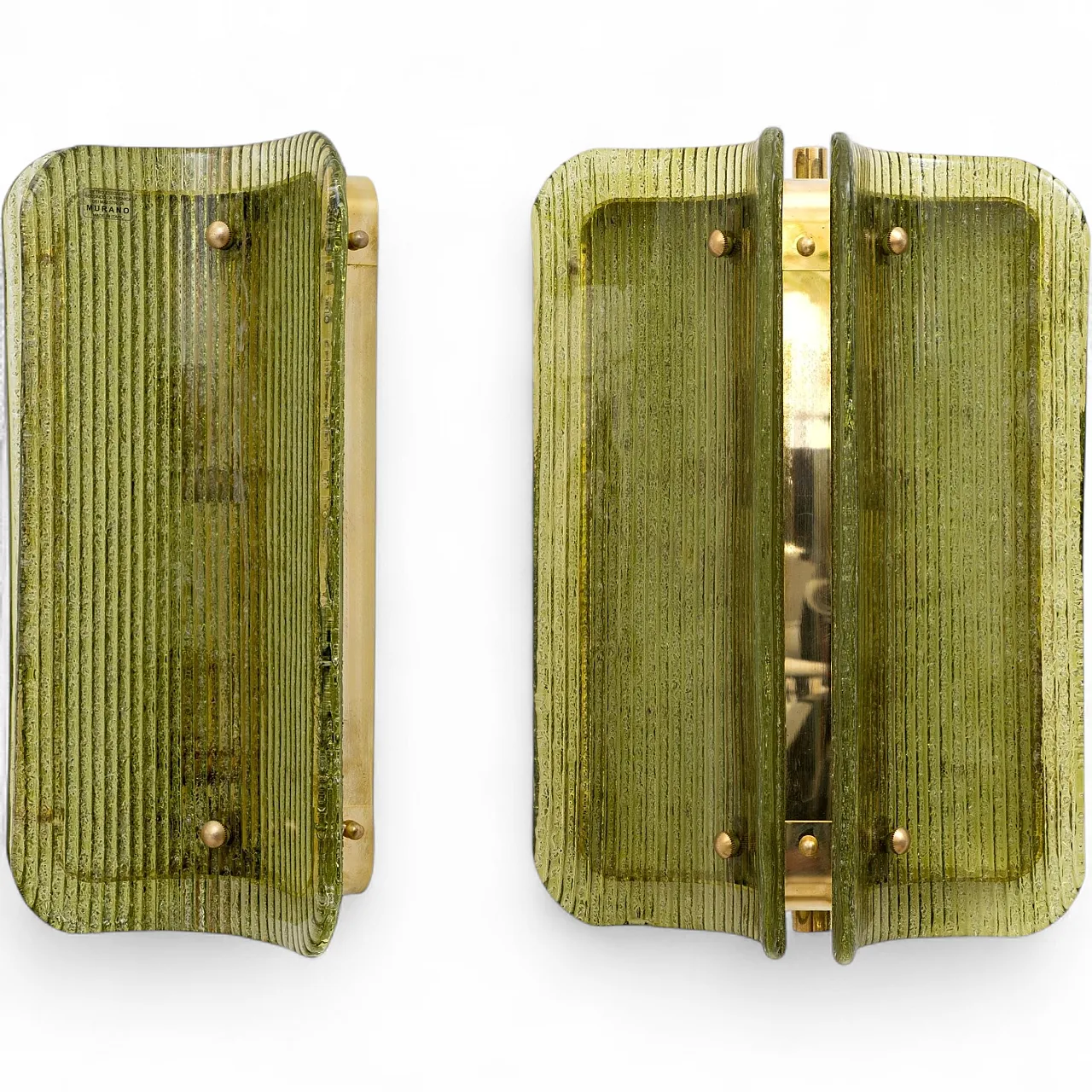 Coppia di applique in vetro di Murano curvato e rigato e ottone, '900 11