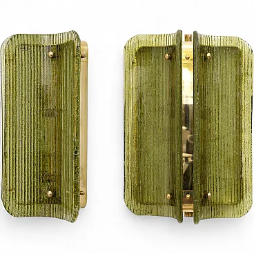 Pair of curved, ribbed Murano glass & brass wall sconces, 20th century