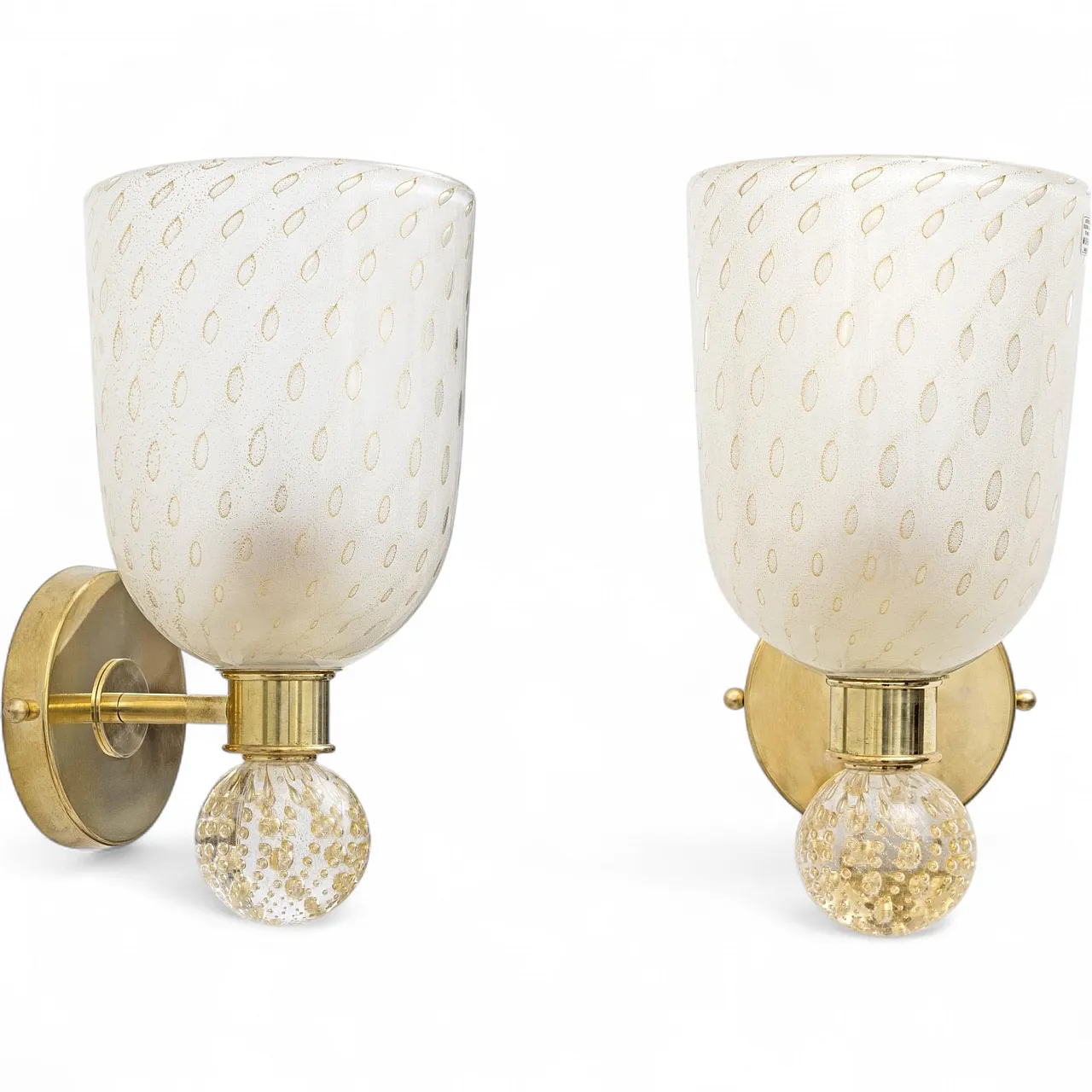 Coppia di applique in vetro Pulegoso di Murano e ottone, '900 10