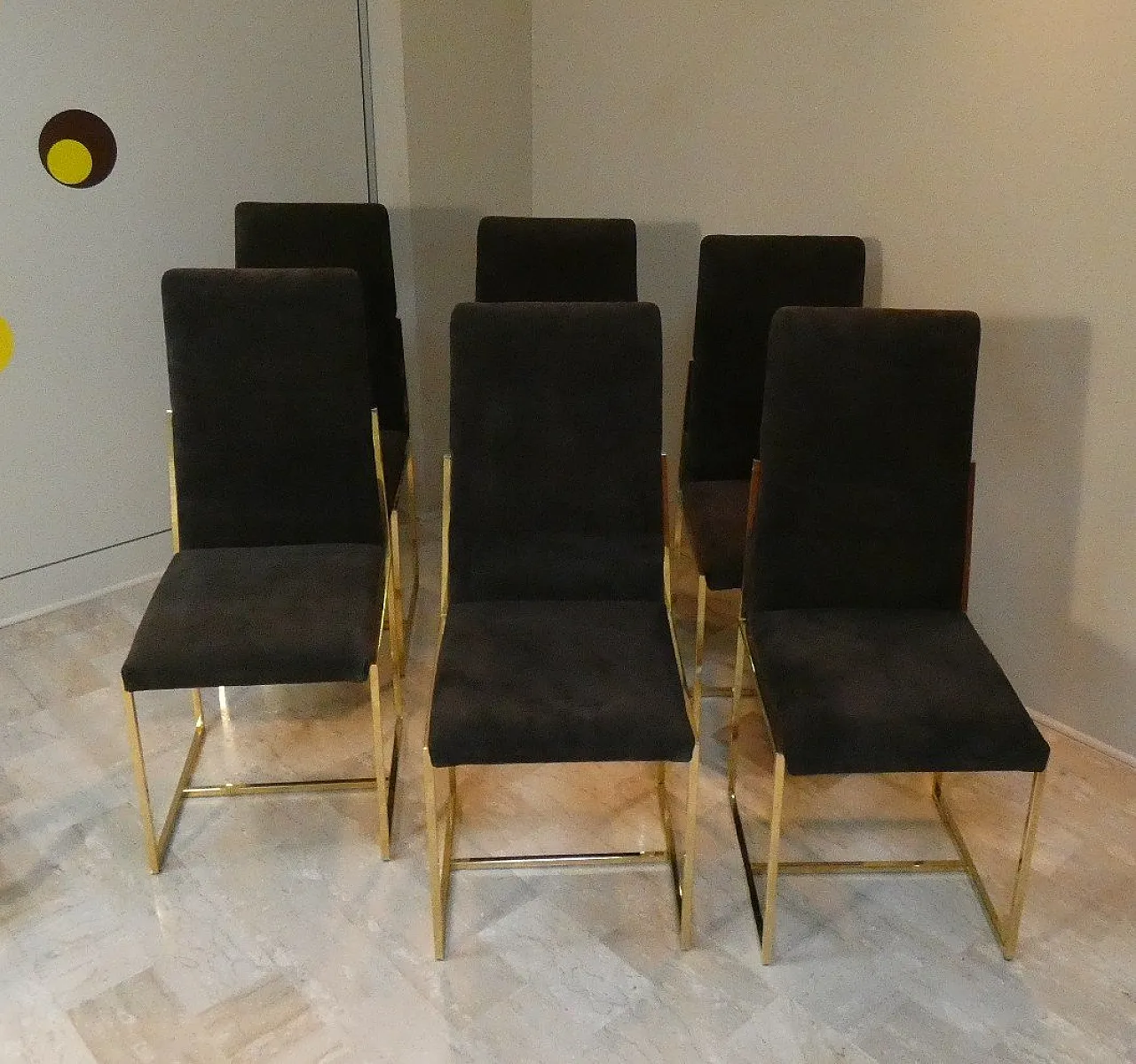 6 suede and golden steel chairs, Italy, 1970s, 1