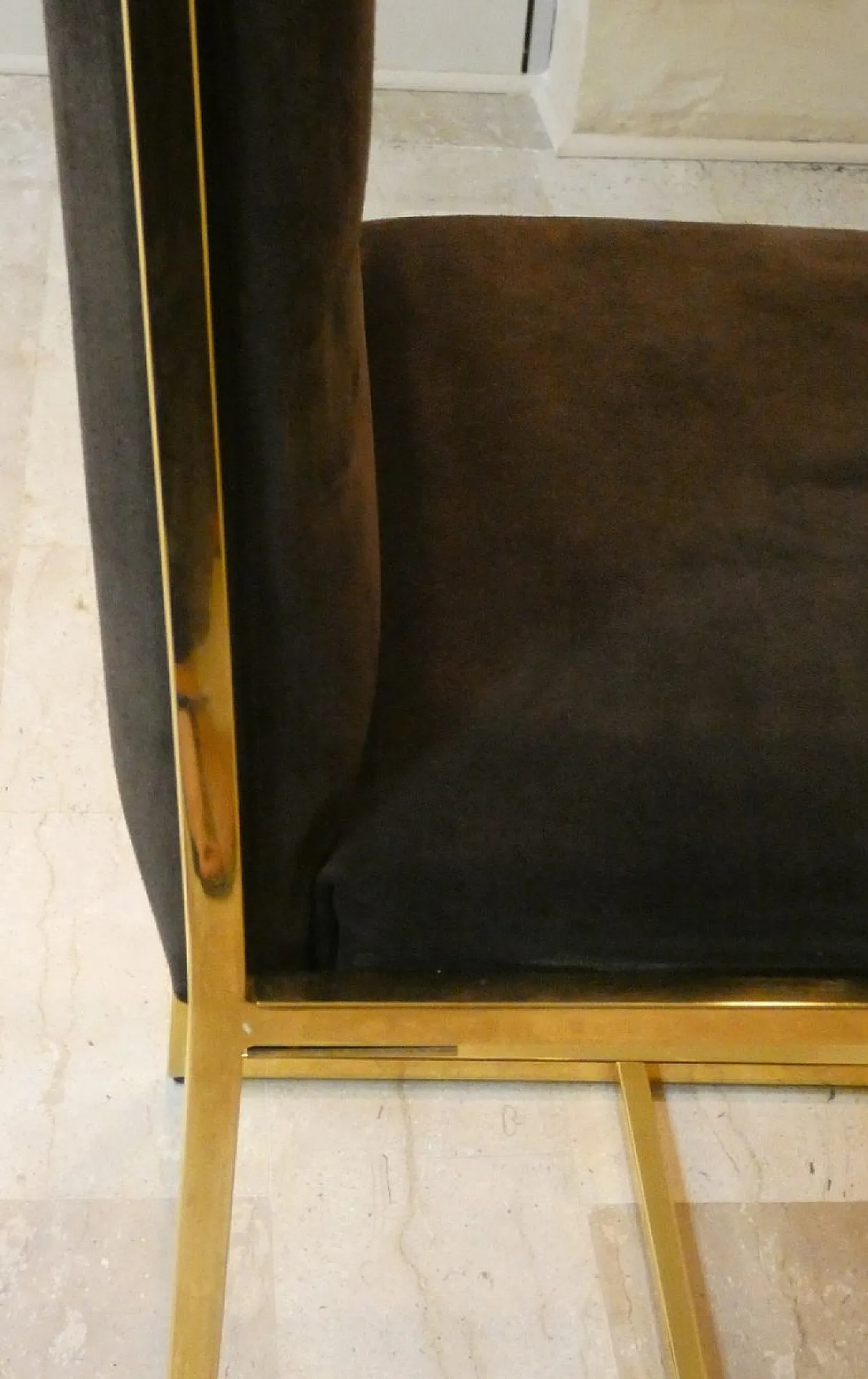 6 suede and golden steel chairs, Italy, 1970s, 7