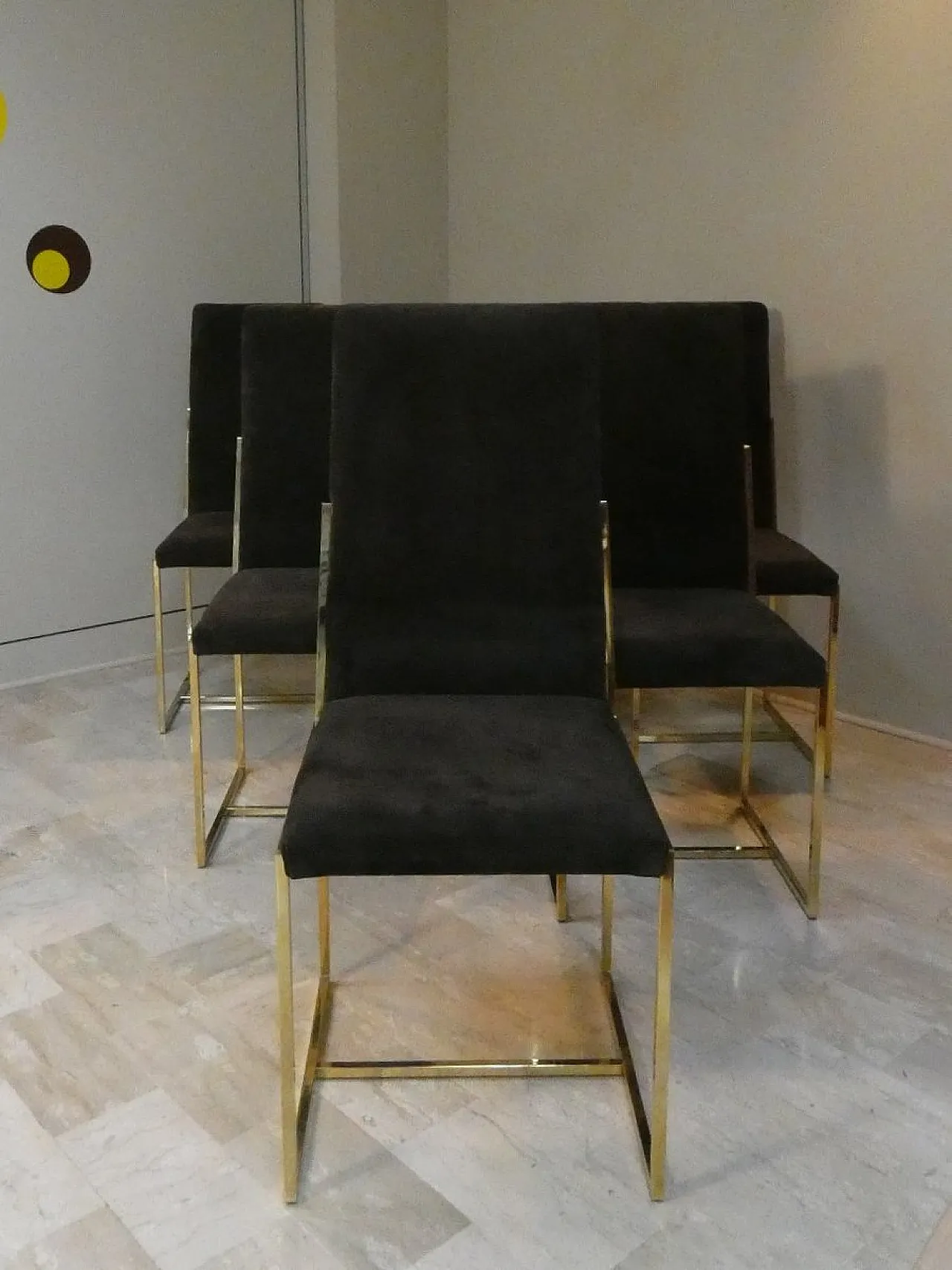 6 suede and golden steel chairs, Italy, 1970s, 14
