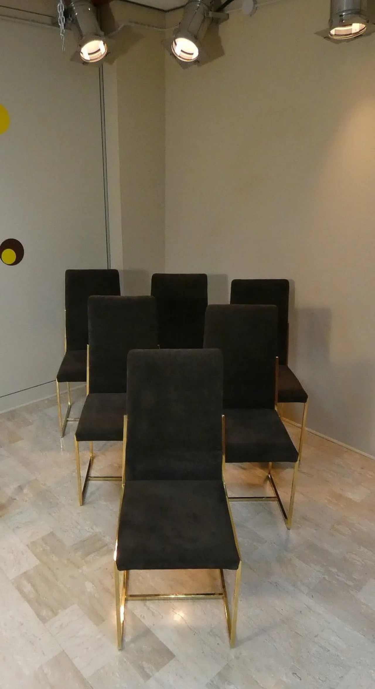 6 suede and golden steel chairs, Italy, 1970s, 15