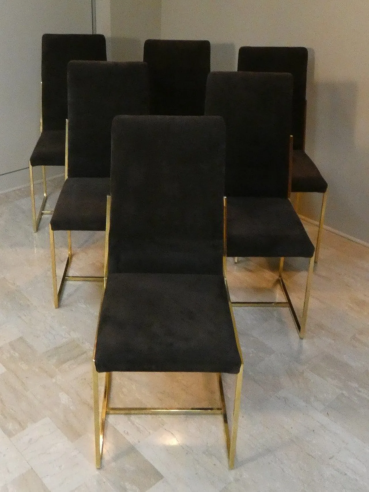 6 suede and golden steel chairs, Italy, 1970s, 16