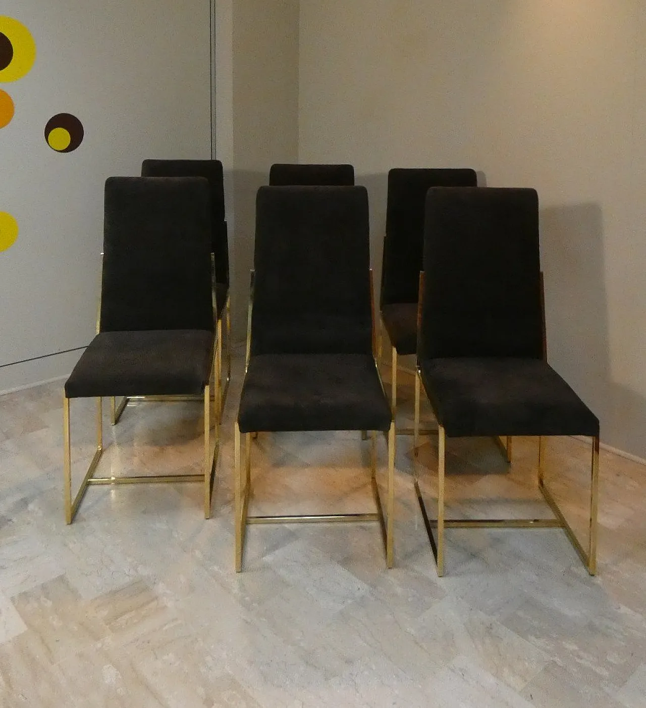 6 suede and golden steel chairs, Italy, 1970s, 17