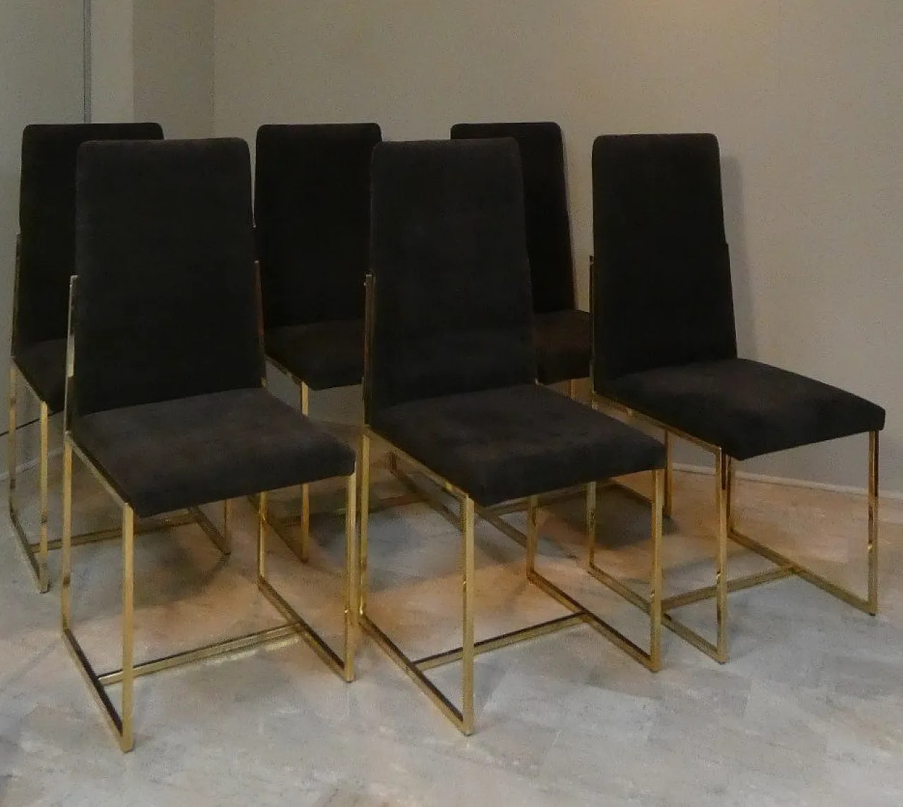 6 suede and golden steel chairs, Italy, 1970s, 18