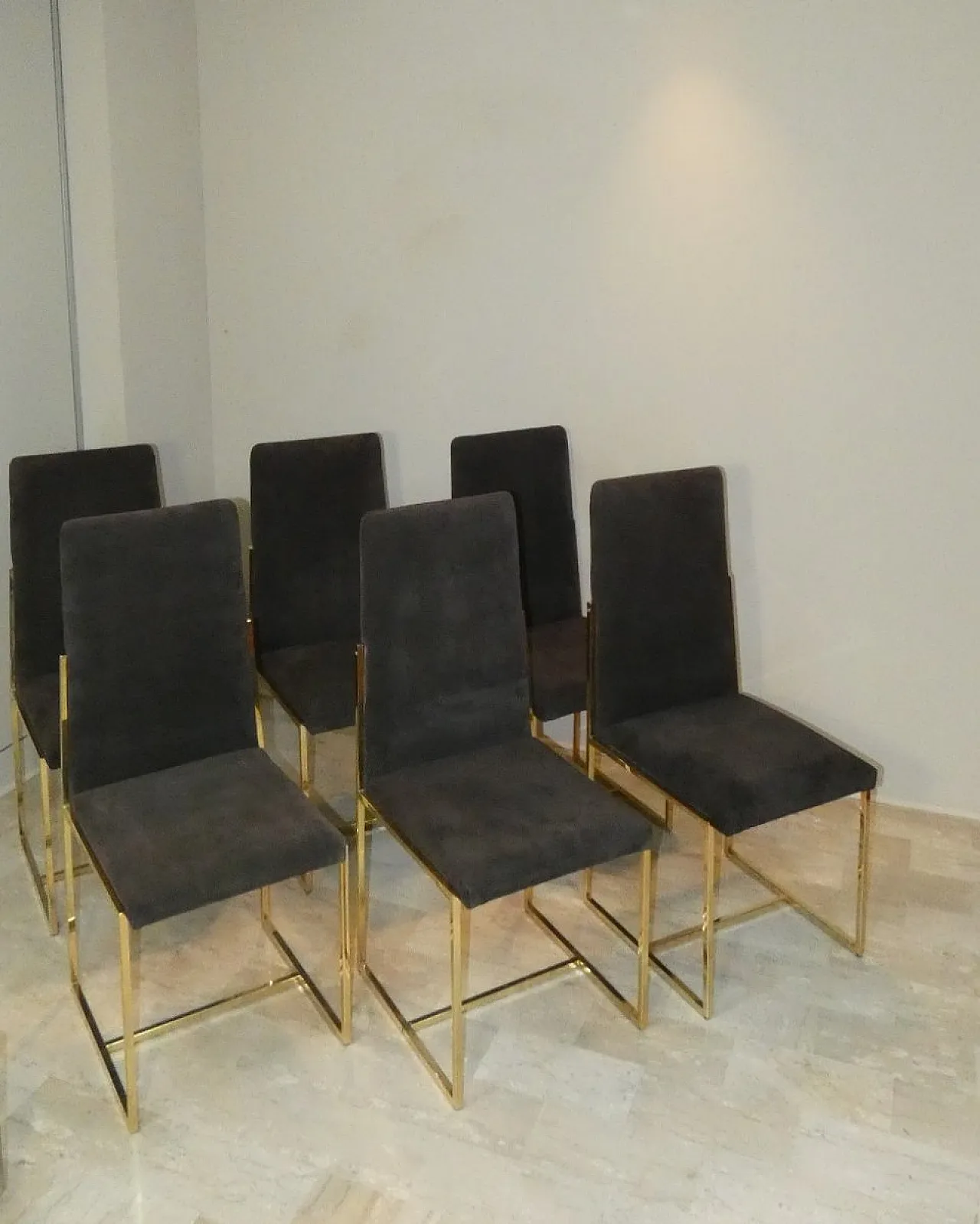 6 suede and golden steel chairs, Italy, 1970s, 19