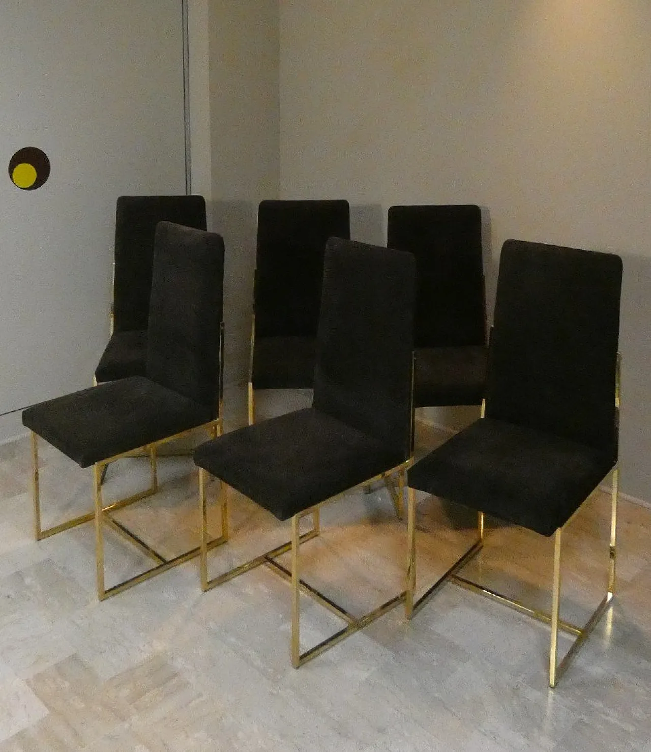6 suede and golden steel chairs, Italy, 1970s, 20