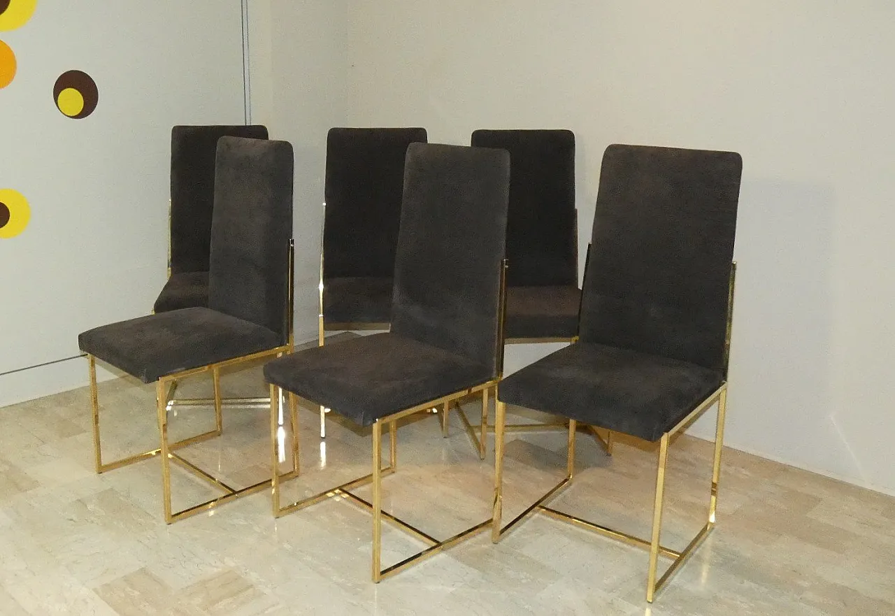 6 suede and golden steel chairs, Italy, 1970s, 23