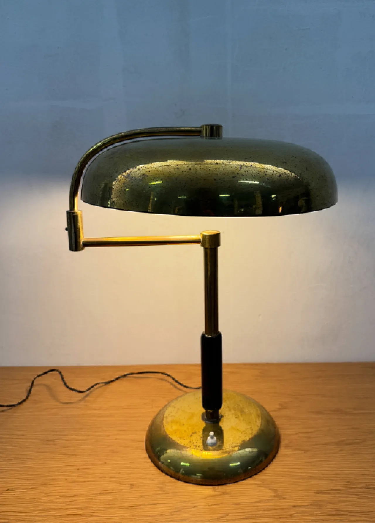 Brass lamp with swivel arm and wooden stem, 1930s 1