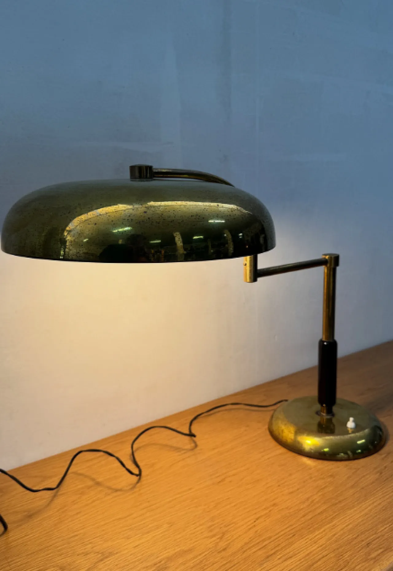 Brass lamp with swivel arm and wooden stem, 1930s 3