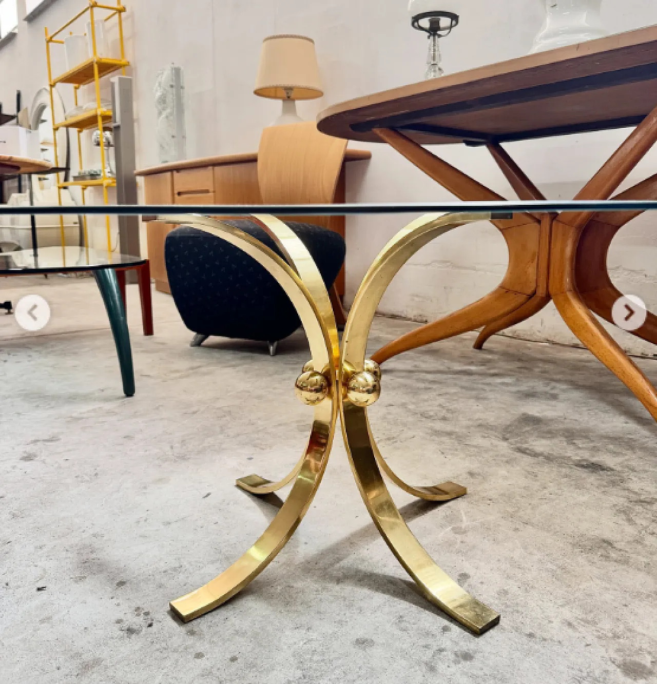 Brass coffee table and circular glass top, 1970s 3