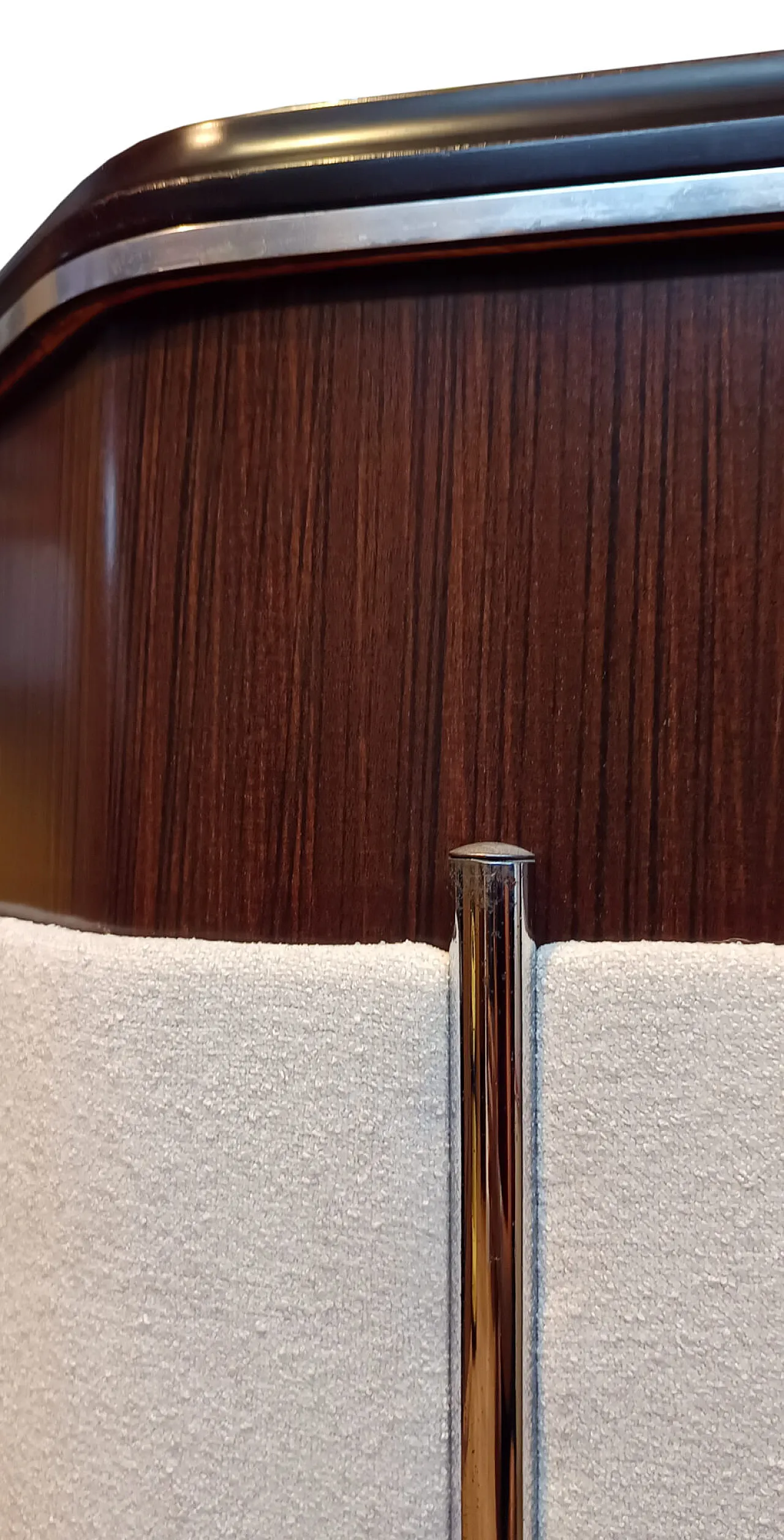 Rosewood, smoked glass, and boucle bar cabinet, 1970s 1