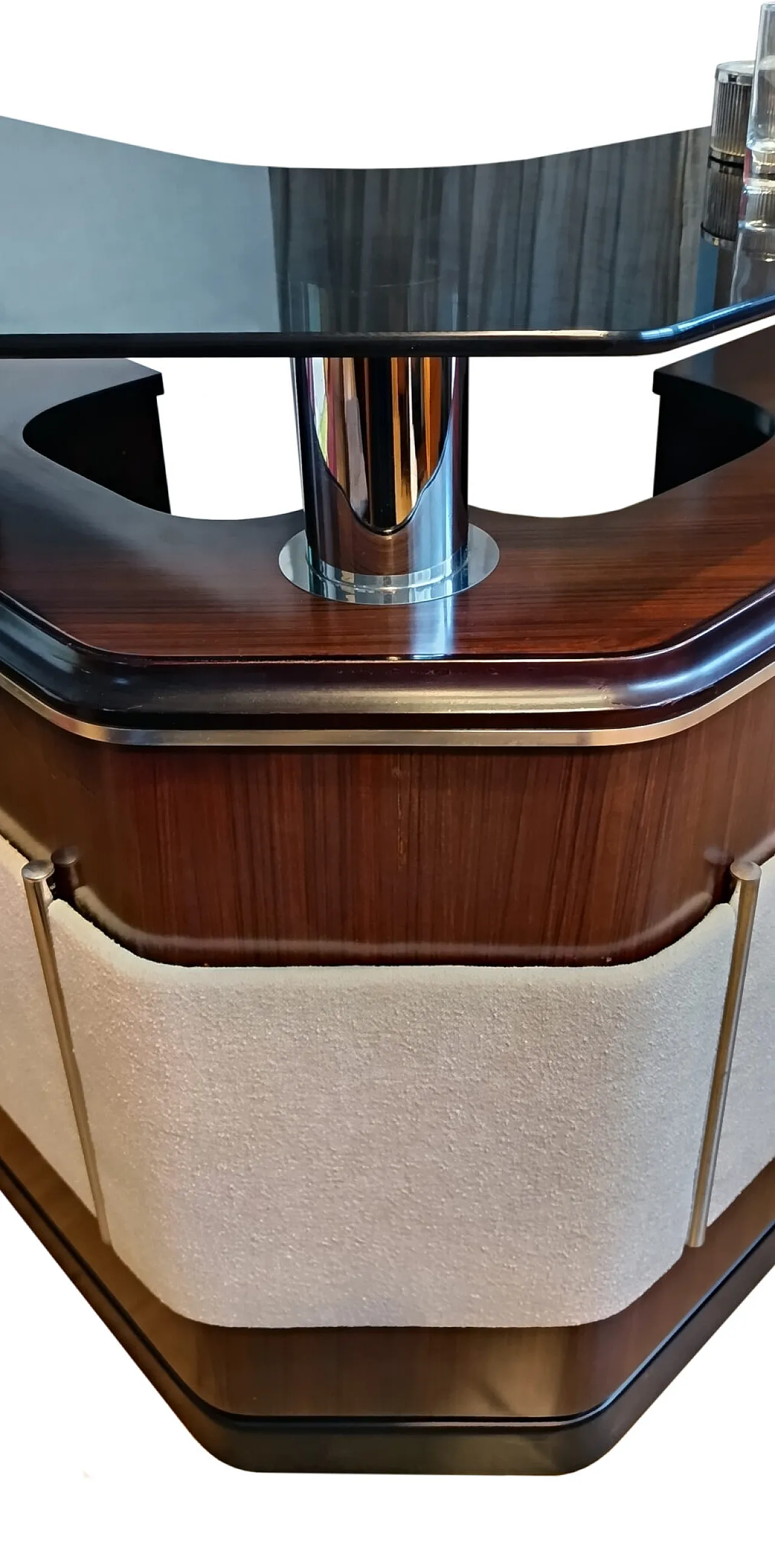 Rosewood, smoked glass, and boucle bar cabinet, 1970s 2