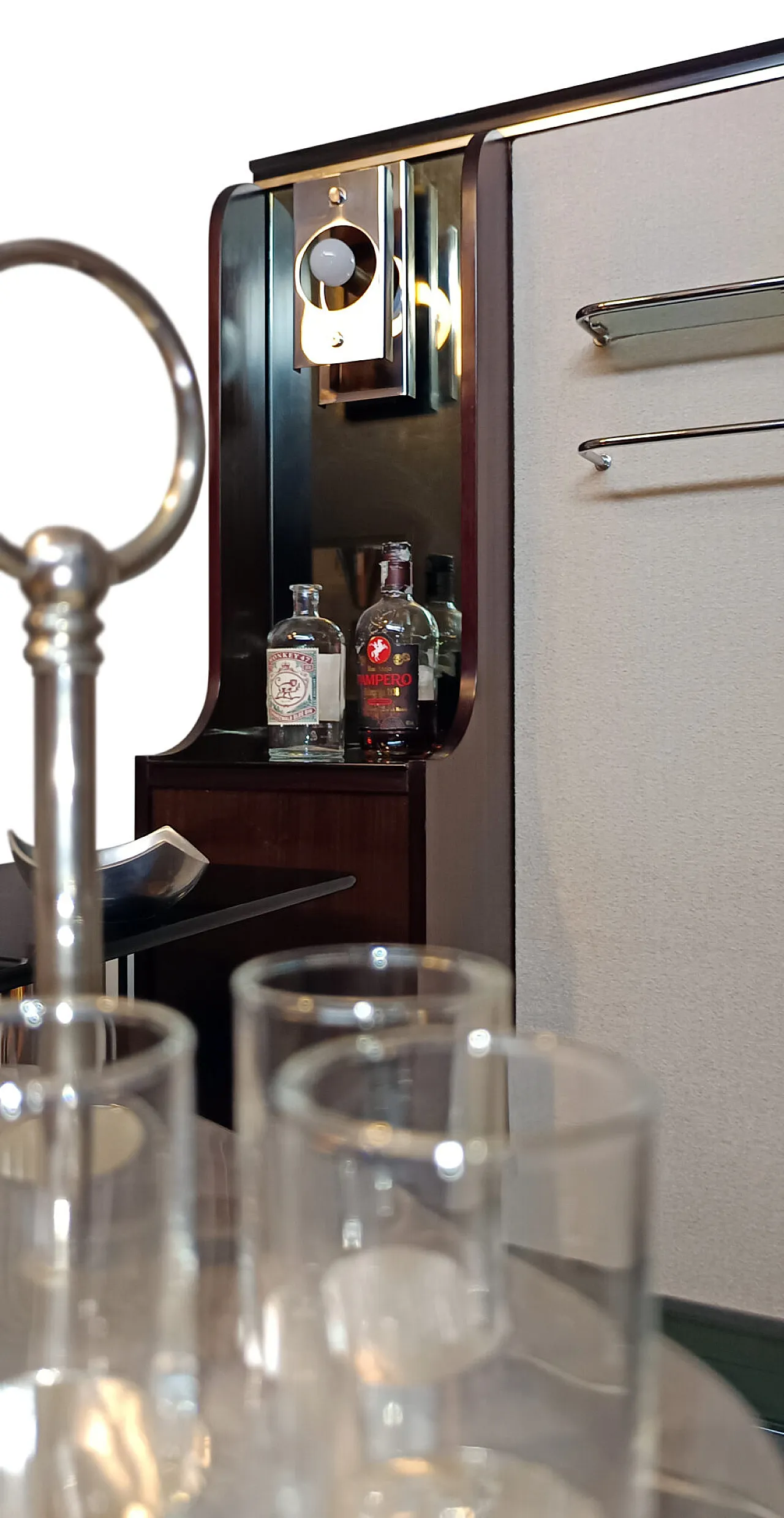 Rosewood, smoked glass, and boucle bar cabinet, 1970s 4