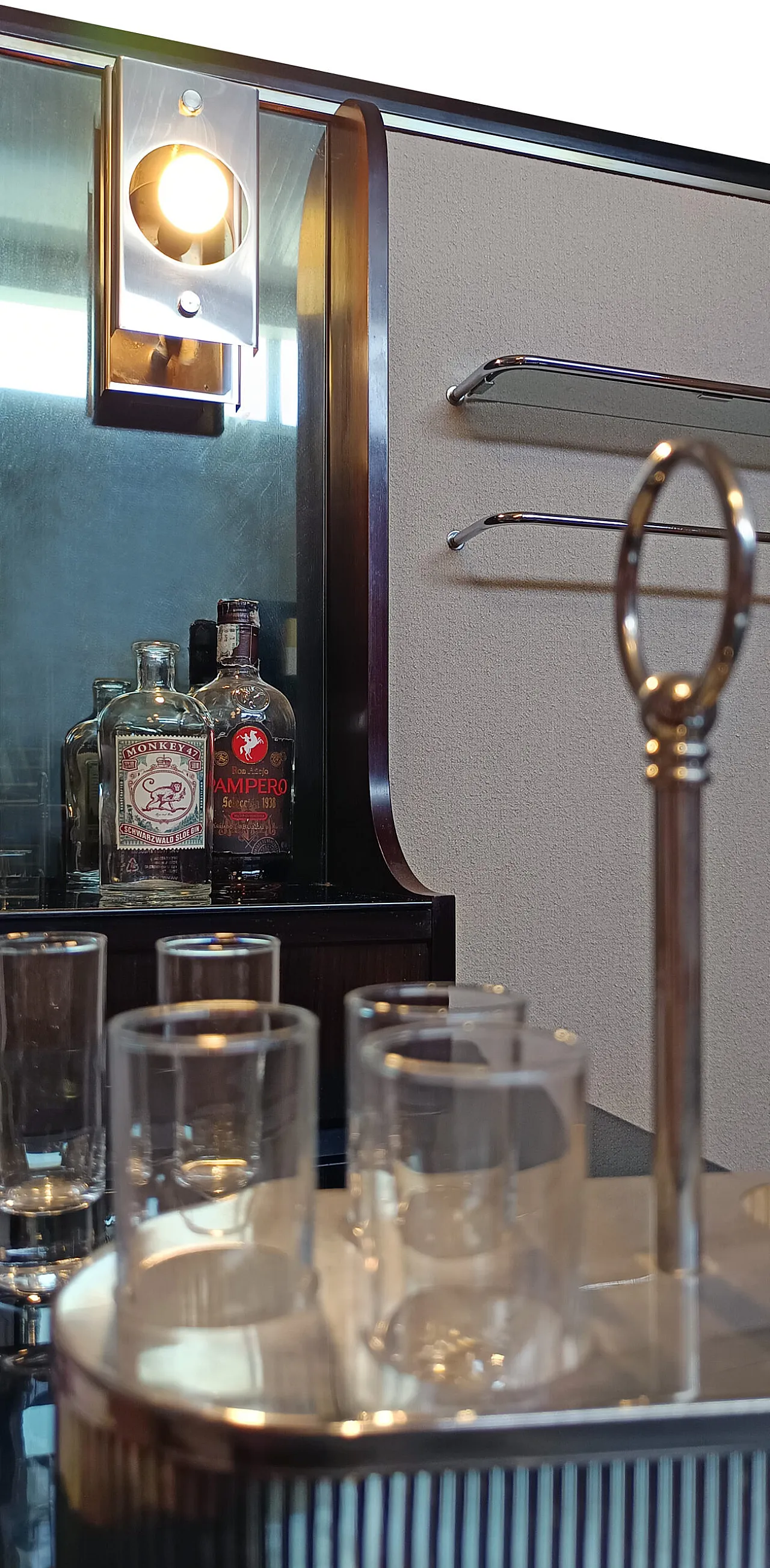 Rosewood, smoked glass, and boucle bar cabinet, 1970s 6