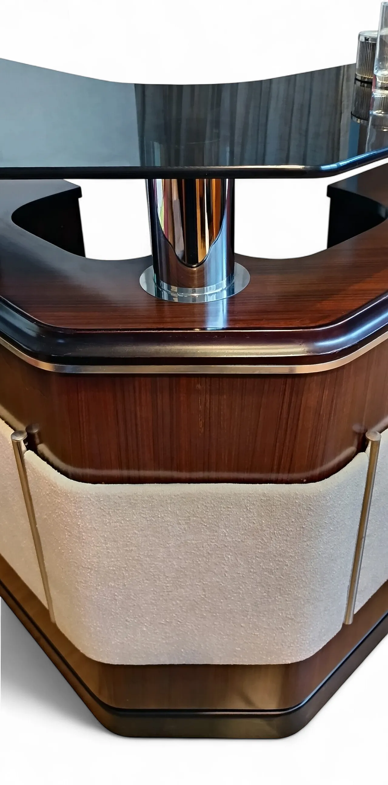 Rosewood, smoked glass, and boucle bar cabinet, 1970s 8