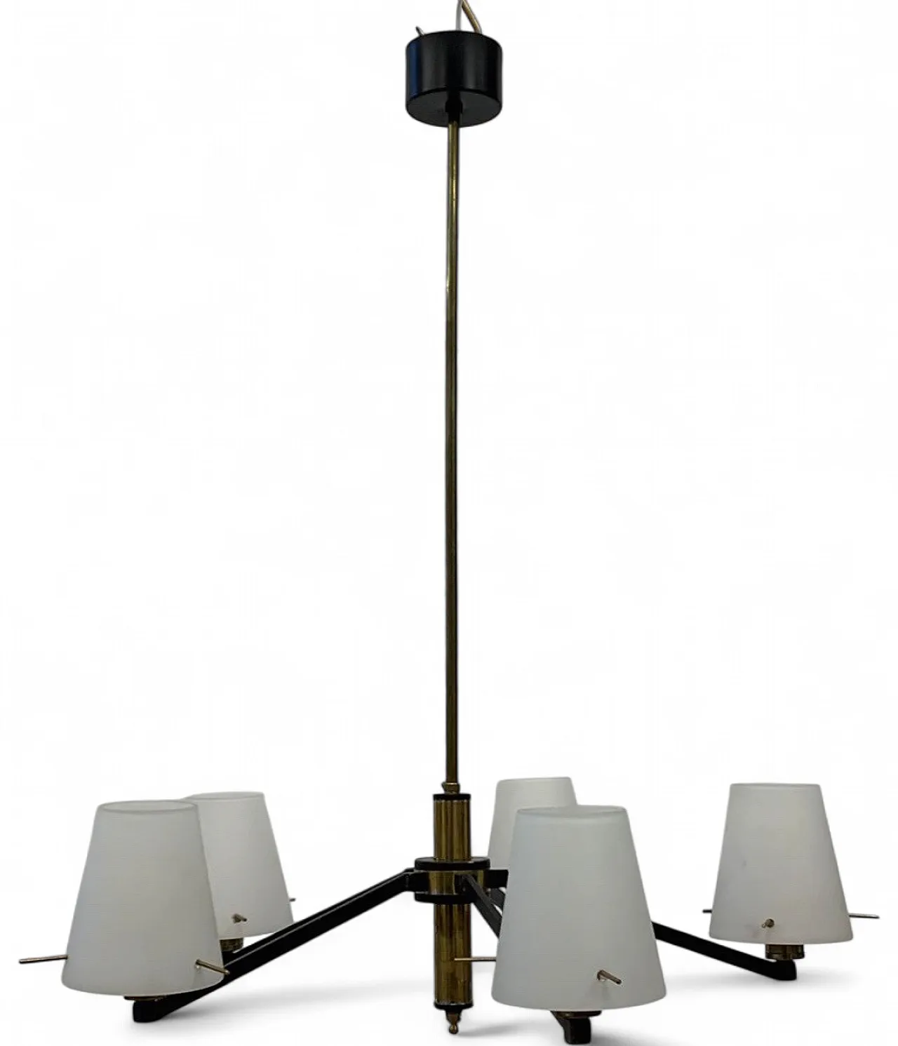 Lampadario in vetro, ferro e ottone, anni '50 7