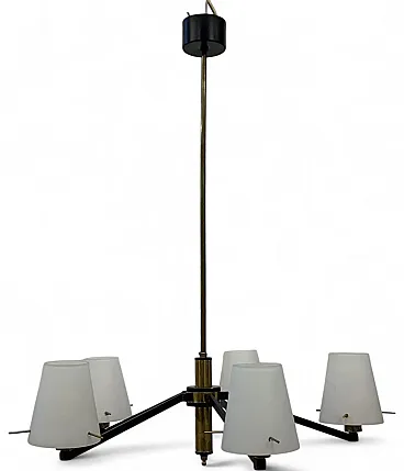 Glass, iron and brass chandelier, 1950s