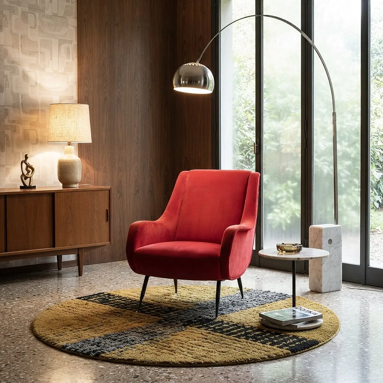 Poltrona in velluto rosso, anni '60 2