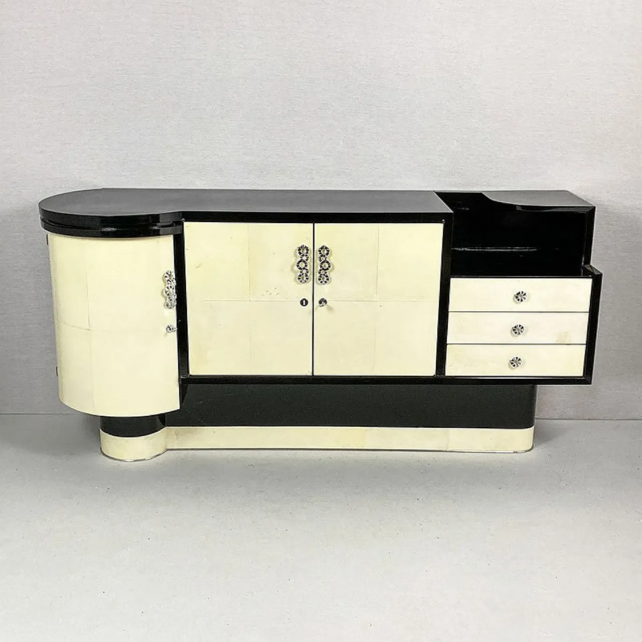 Credenza Art Déco in pergamena e laccata nera, anni '30 1