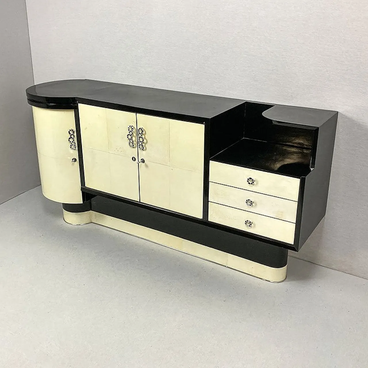 Credenza Art Déco in pergamena e laccata nera, anni '30 3