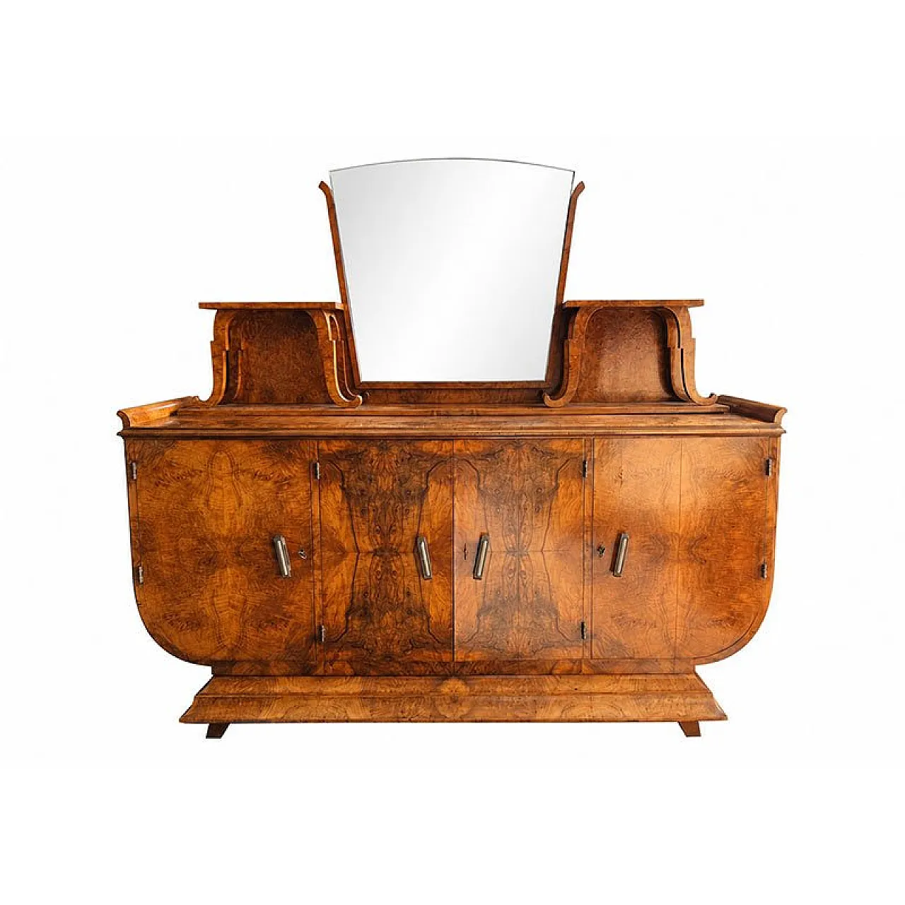 Credenza Art Déco in radica di noce con specchio, anni '80 1