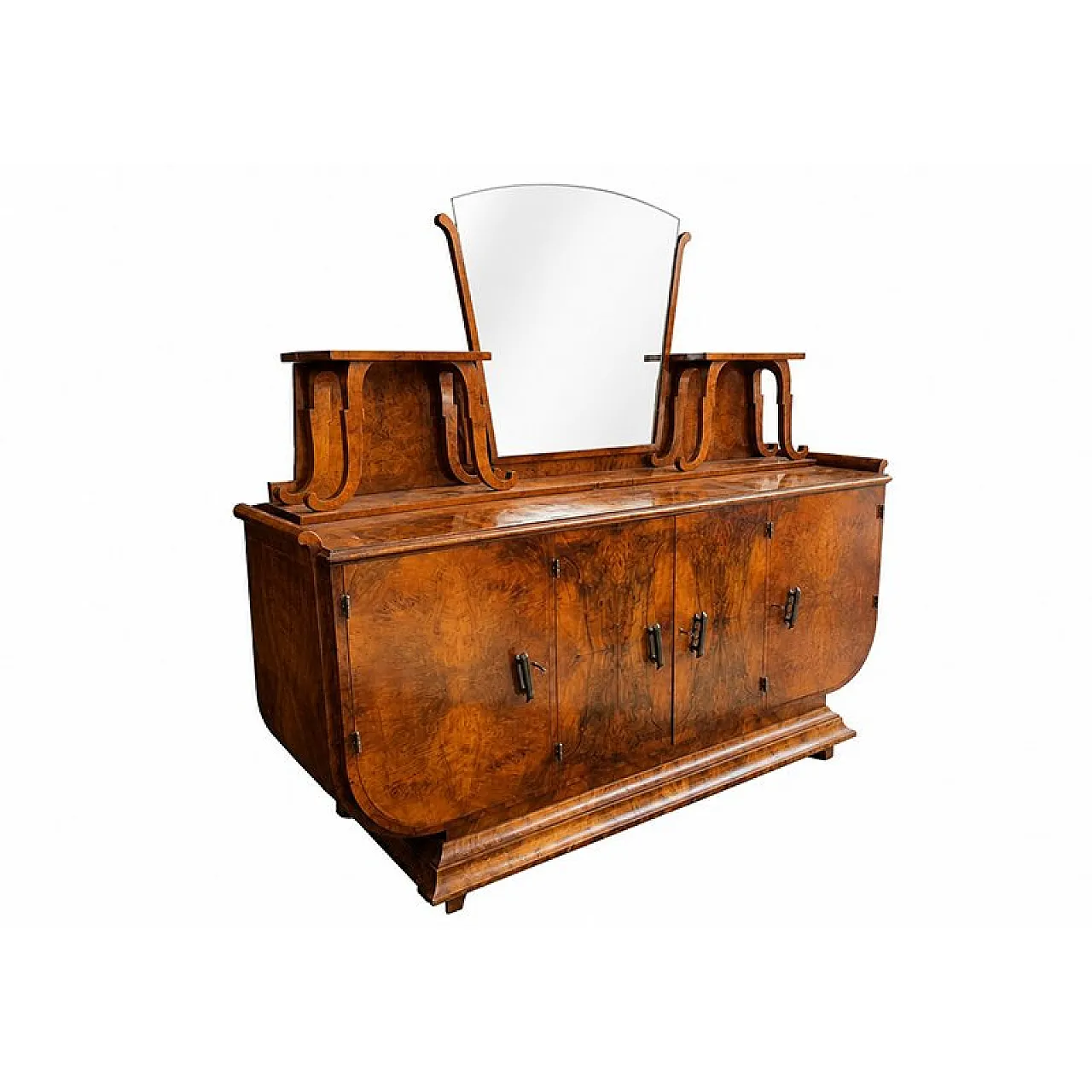 Credenza Art Déco in radica di noce con specchio, anni '80 2