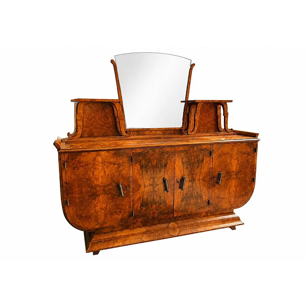 Credenza Art Déco in radica di noce con specchio, anni '80 3