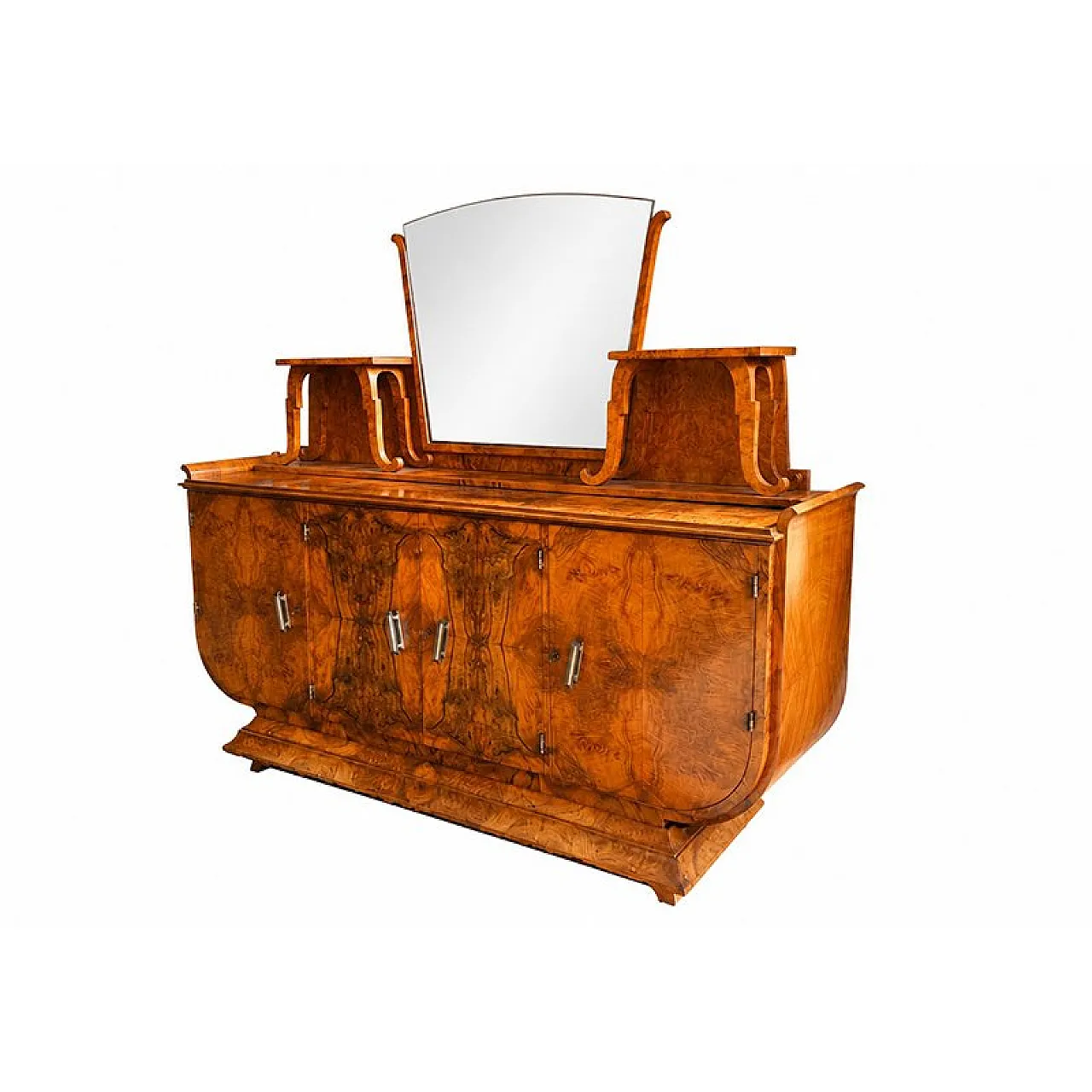 Credenza Art Déco in radica di noce con specchio, anni '80 4