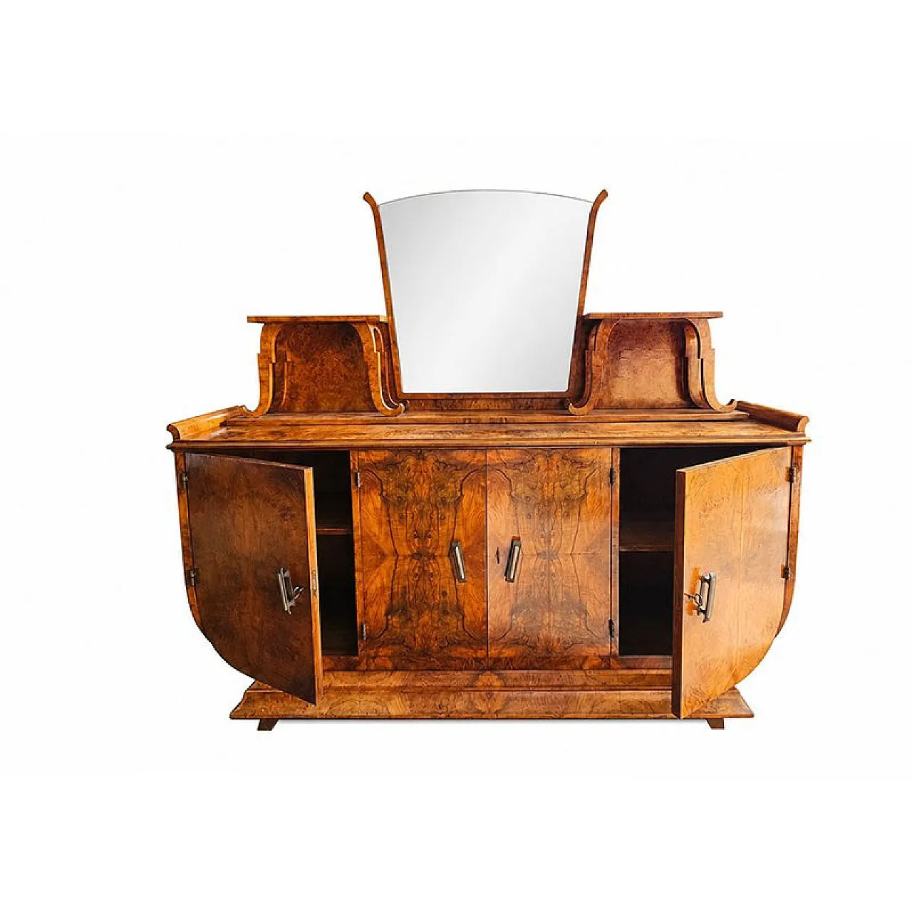 Credenza Art Déco in radica di noce con specchio, anni '80 5