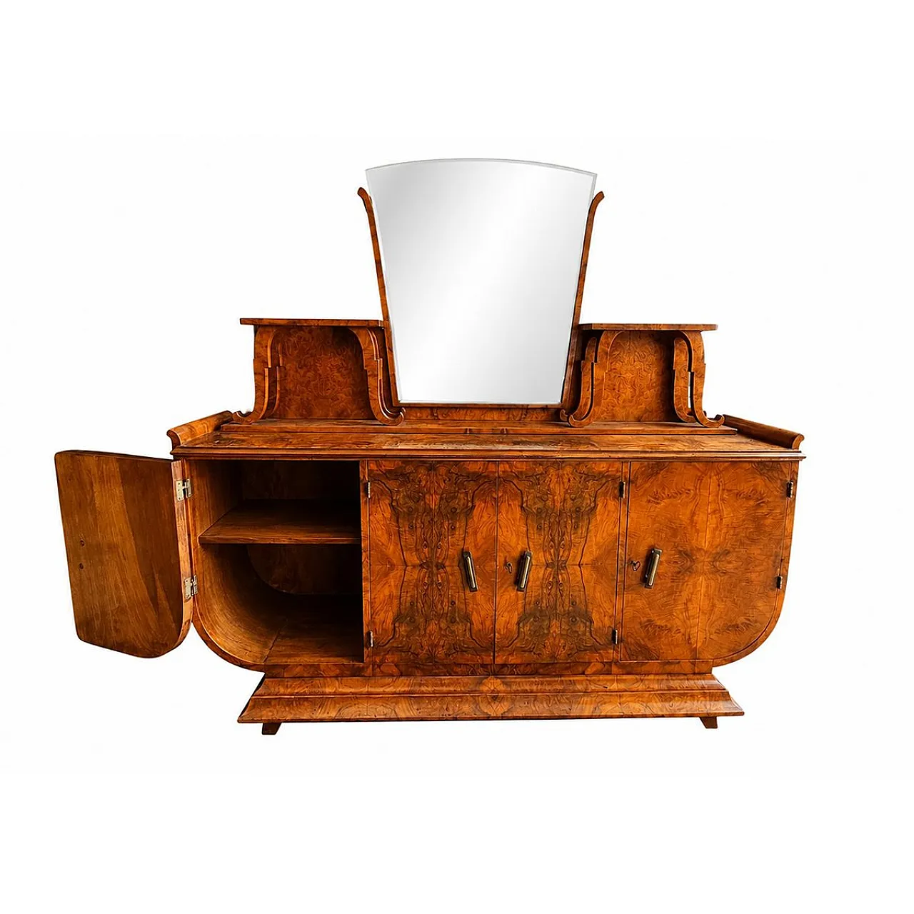 Credenza Art Déco in radica di noce con specchio, anni '80 7