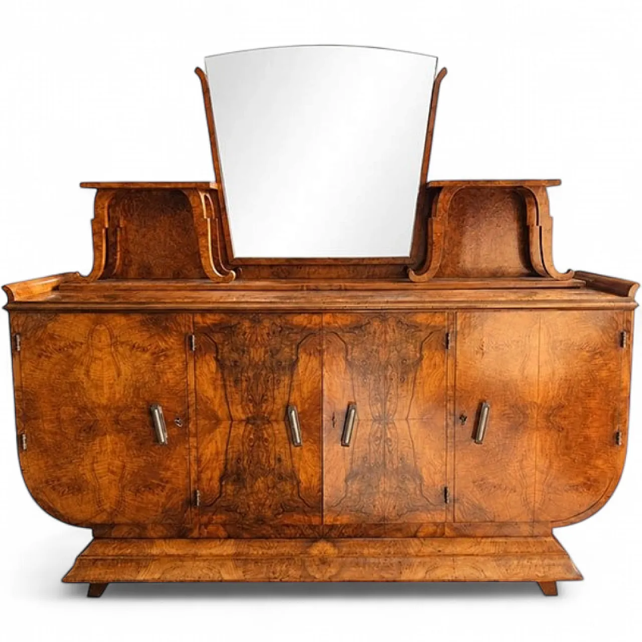 Credenza Art Déco in radica di noce con specchio, anni '80 8