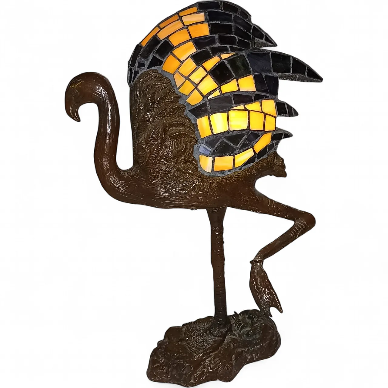 Tiffany style flamingo lamp with patinated bronze base. 35