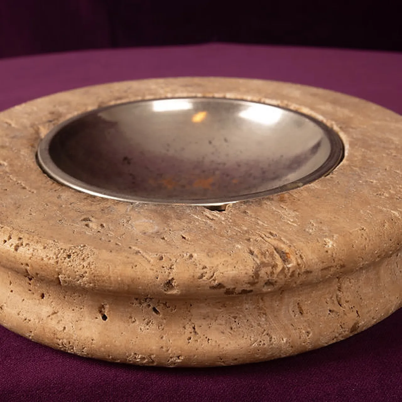 Posacenere in travertino con piatto metallico rimovibile, anni '70 2