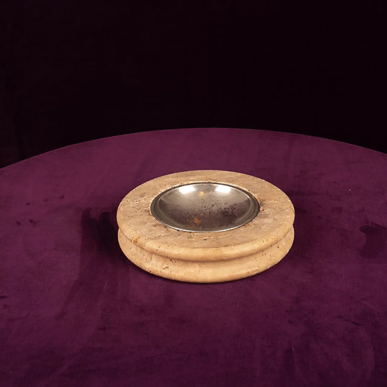 Posacenere in travertino con piatto metallico rimovibile, anni '70 3