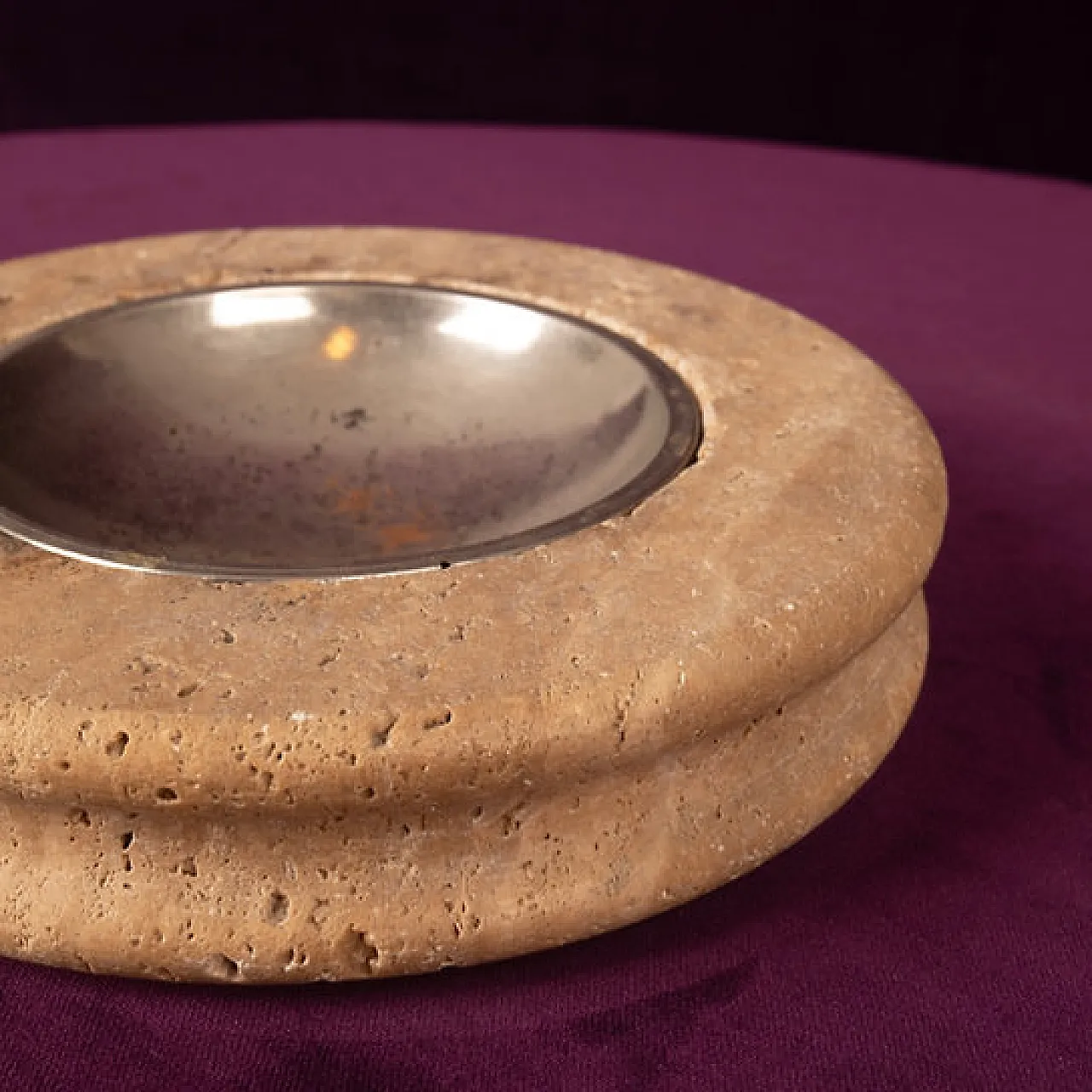 Posacenere in travertino con piatto metallico rimovibile, anni '70 5