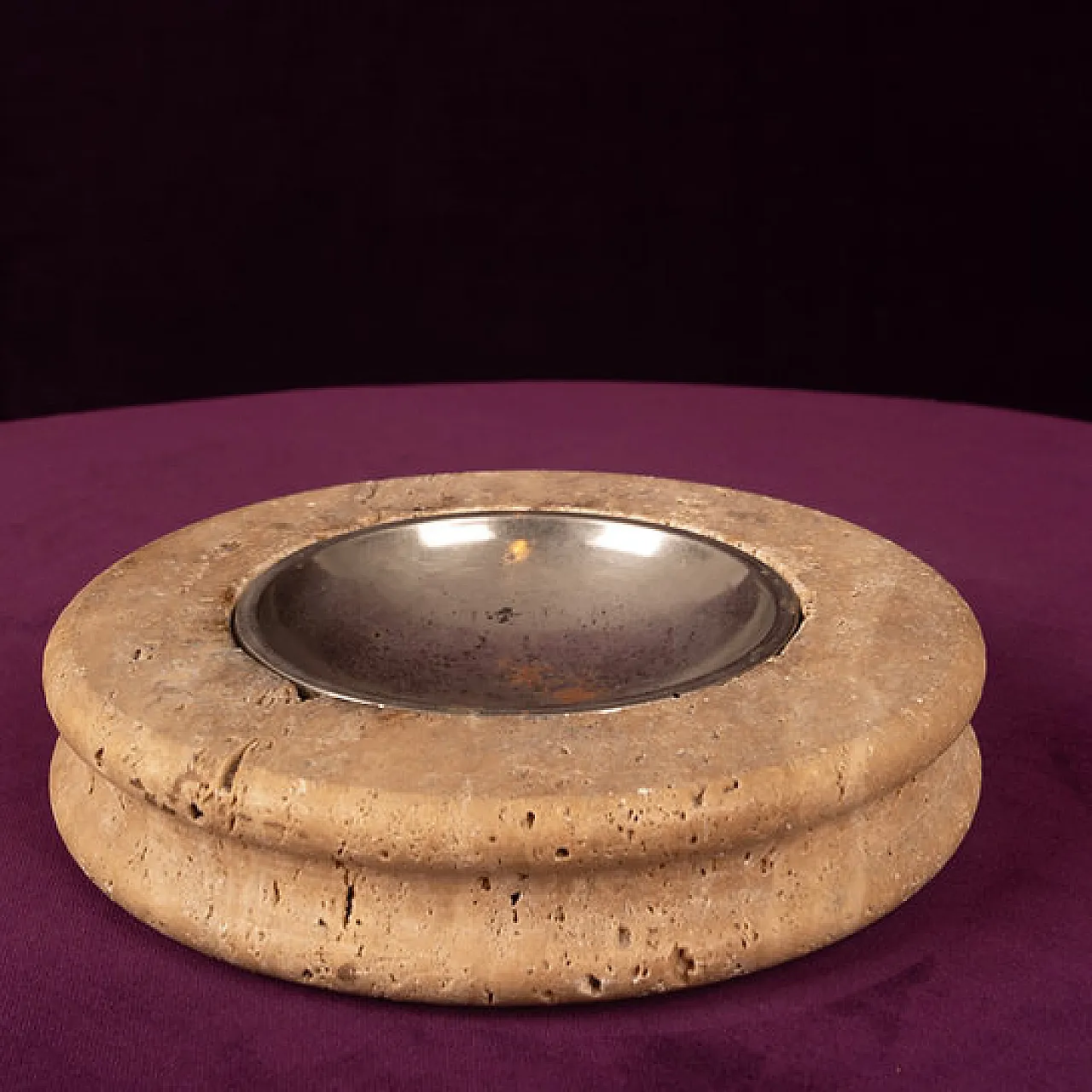 Posacenere in travertino con piatto metallico rimovibile, anni '70 7