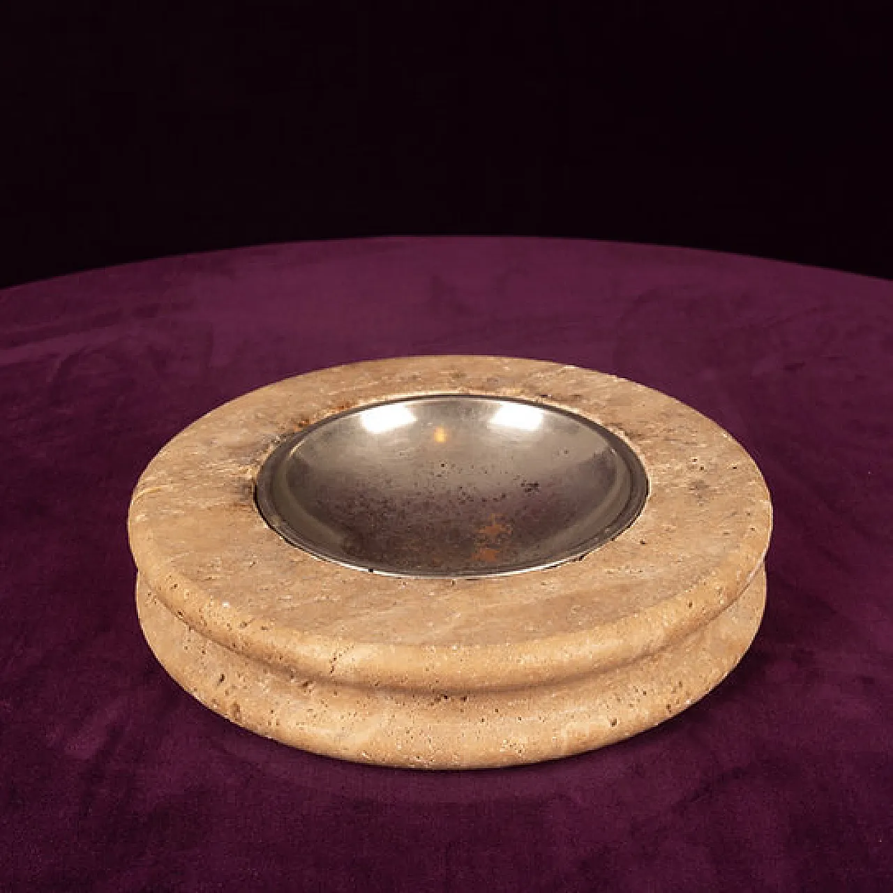 Posacenere in travertino con piatto metallico rimovibile, anni '70 8