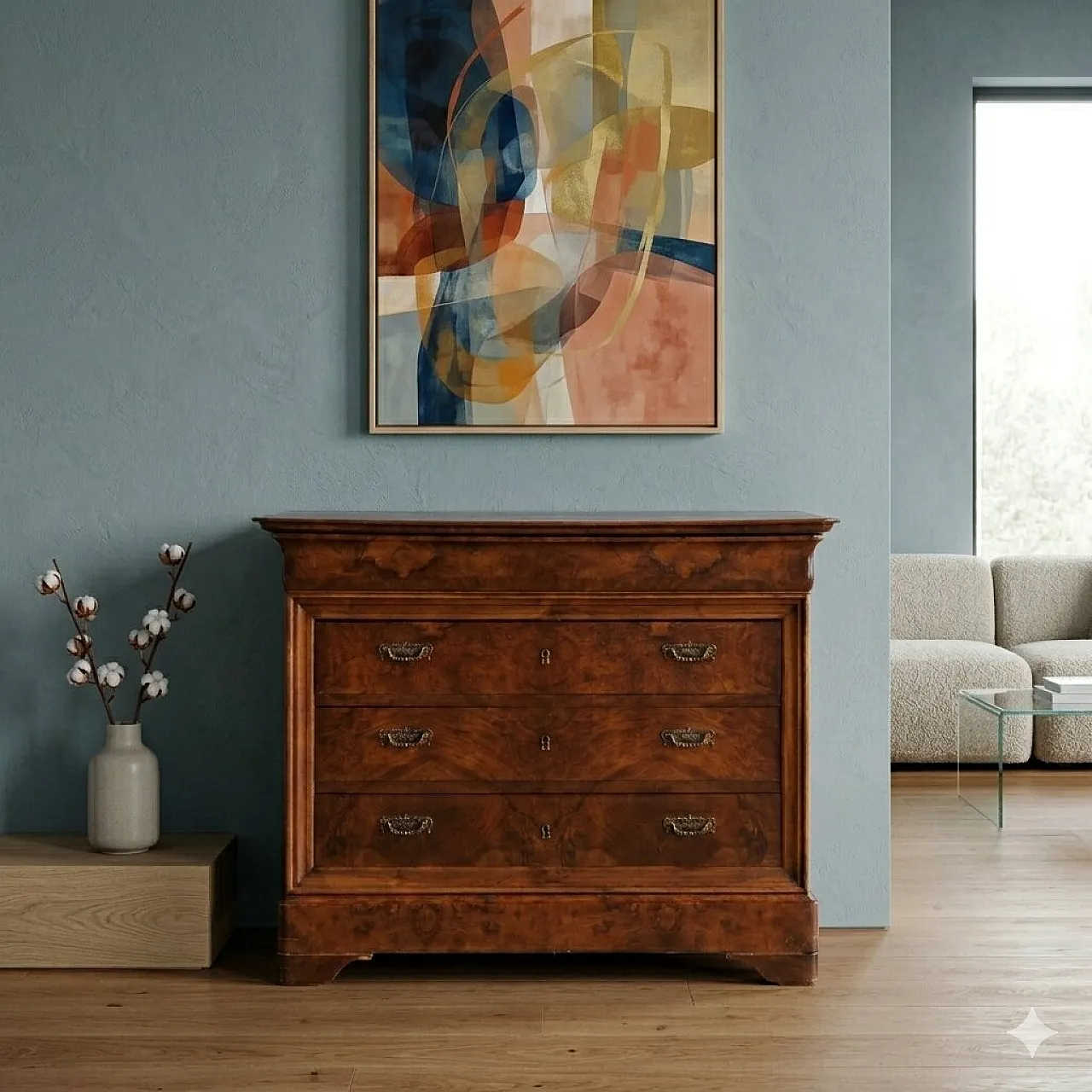 Carlo X chest of drawers in walnut and walnut root, 19th century 2
