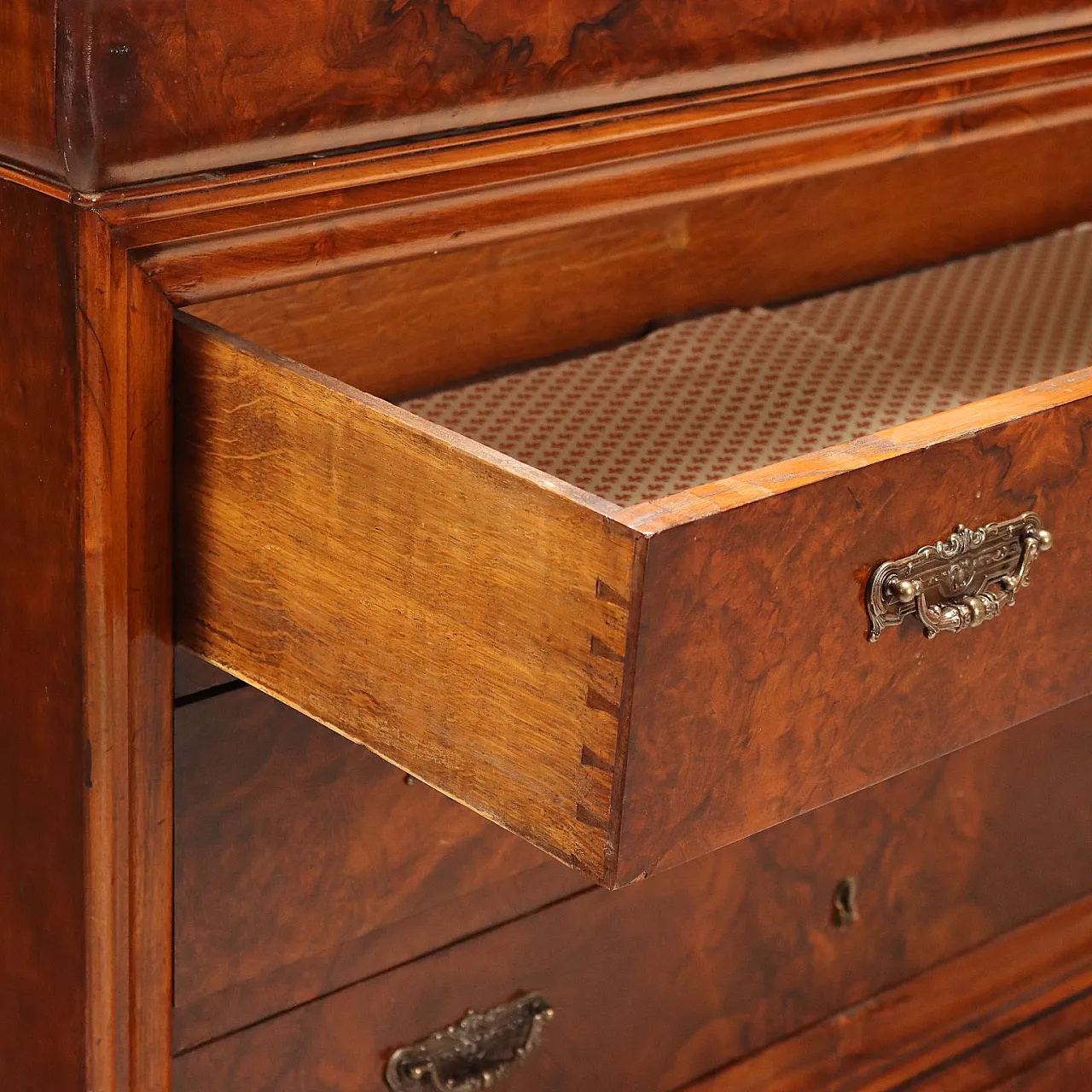 Carlo X chest of drawers in walnut and walnut root, 19th century 6