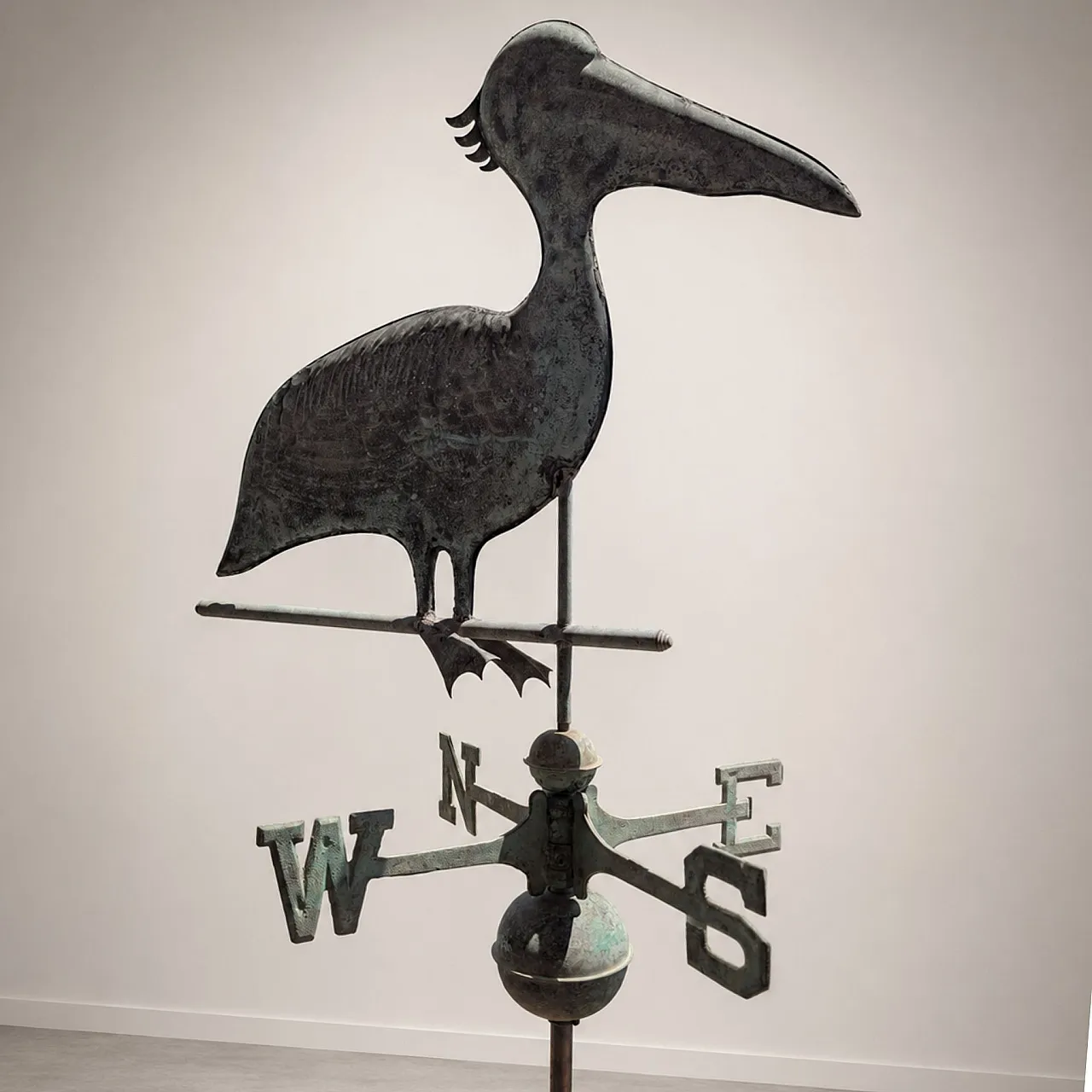 Italian wind vane from the early 1900s in copper with three-dimensional pelican 4