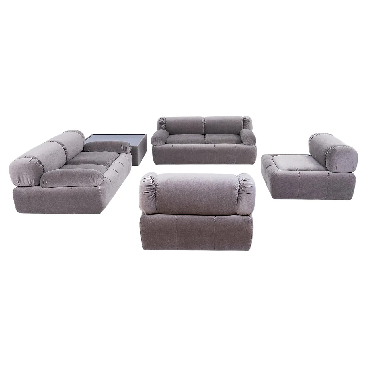 Set da salotto con due divani, due poltrone e tavolino, anni '70 1