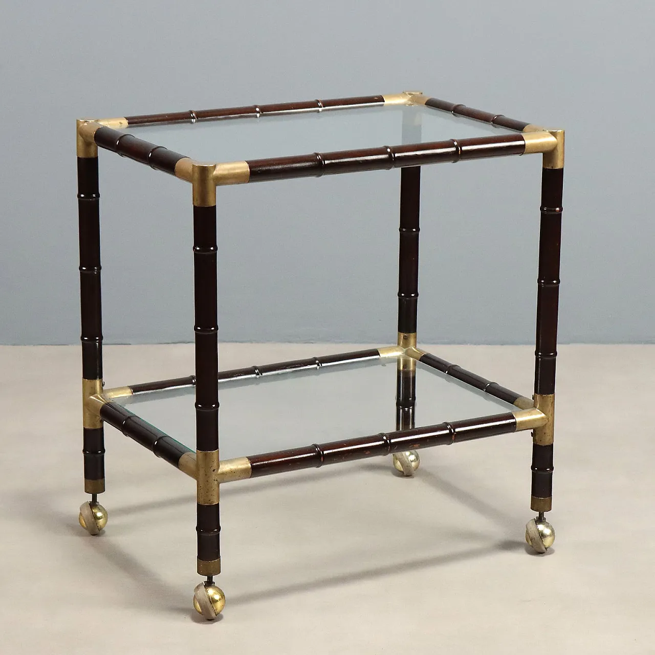 Coffee table with wheels in bamboo and brass, mid-20th century 1