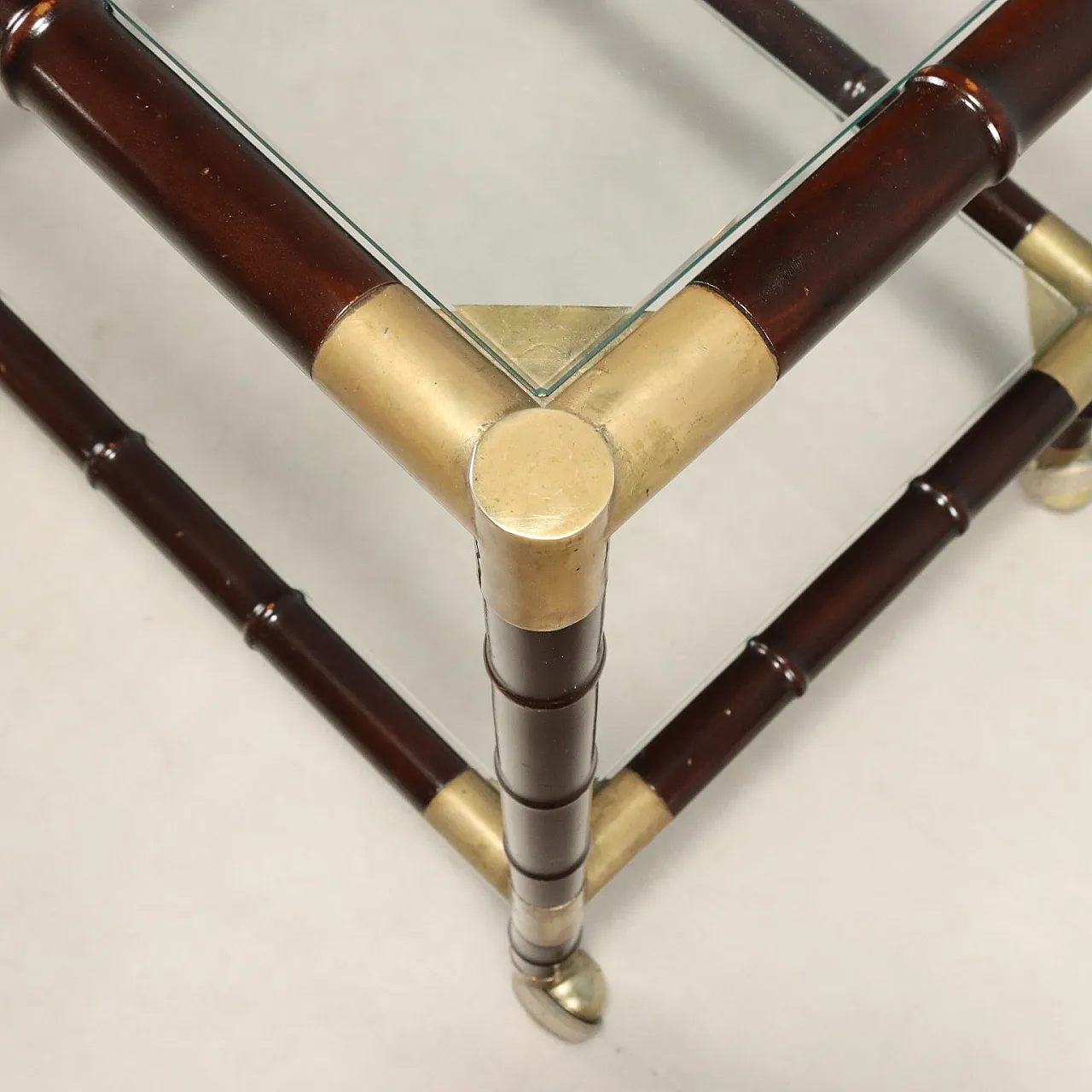 Coffee table with wheels in bamboo and brass, mid-20th century 3