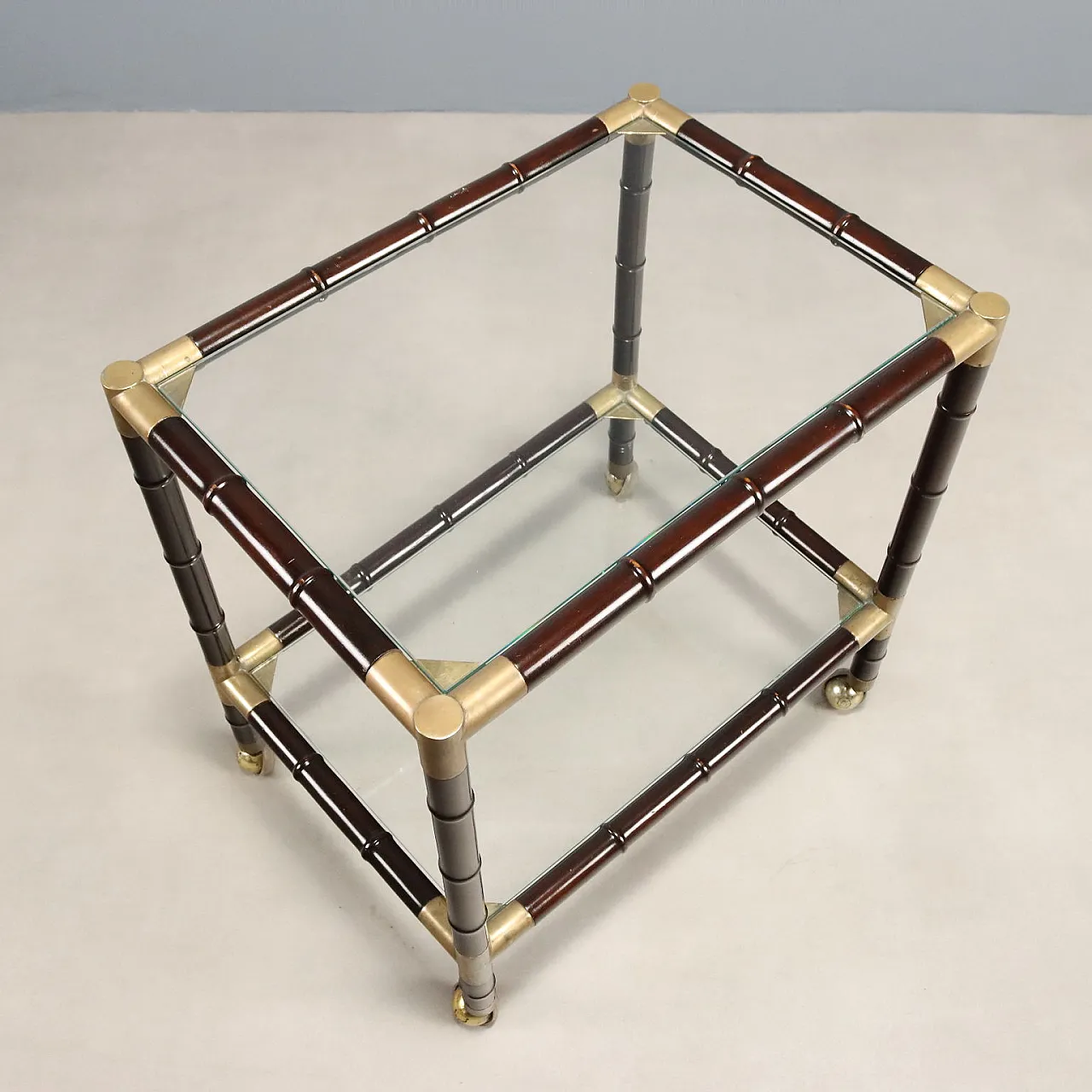 Coffee table with wheels in bamboo and brass, mid-20th century 7