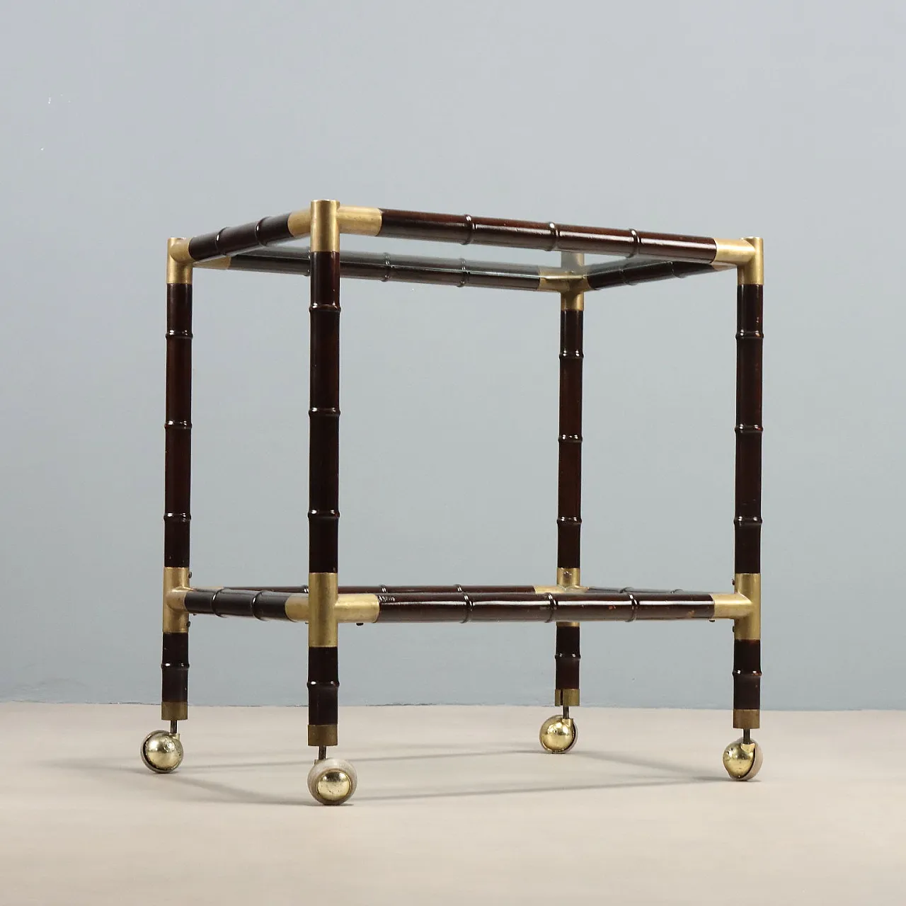 Coffee table with wheels in bamboo and brass, mid-20th century 8