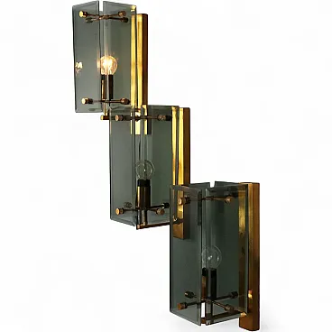 3 Wall lamps in brass and smoked glass, 1960s